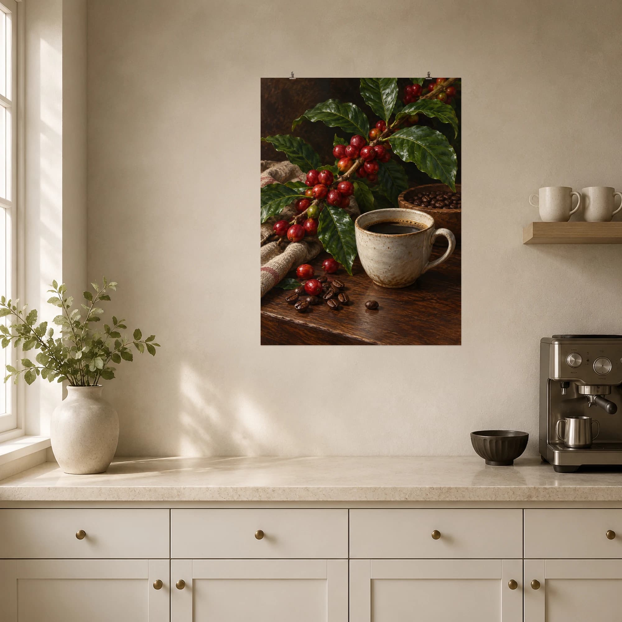 Red coffee cherries cluster on a leafy branch beside a cup on dark wood. The still life connects the coffee plant with a familiar daily ritual.