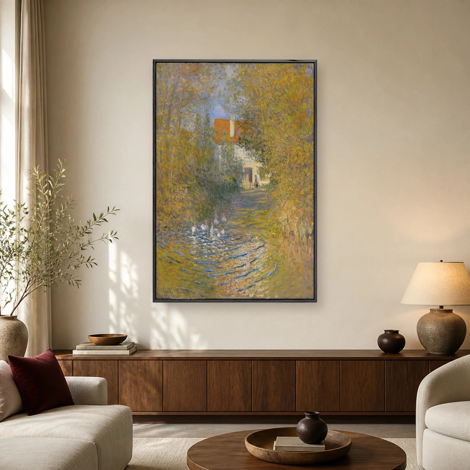 Impressionist painting by Claude Monet titled The Artist's House at Argenteuil showing a house behind autumn trees and ducks swimming in a pond.