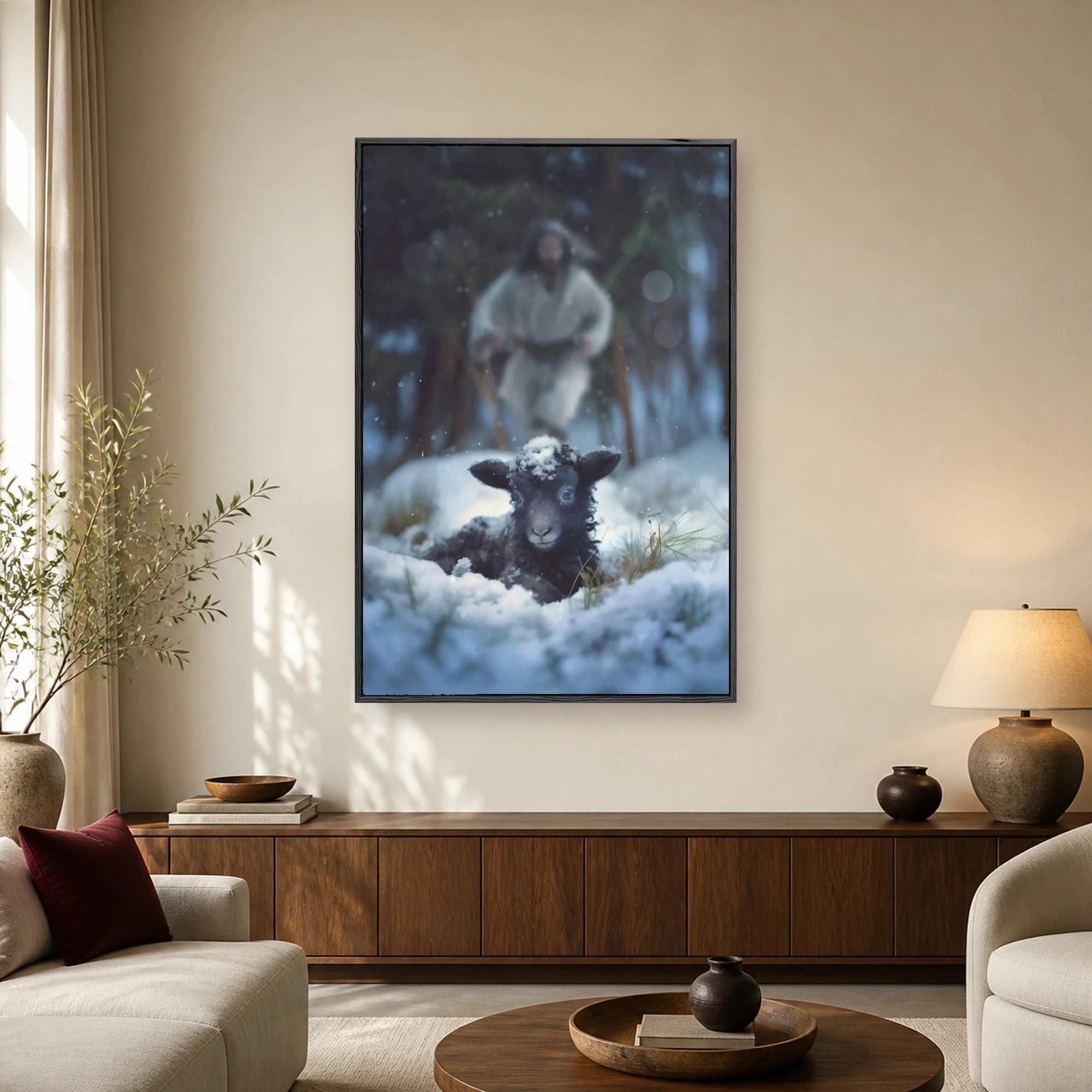 A small black lamb resting in the snow with a soft-focus figure of a shepherd approaching through a snowy winter forest.