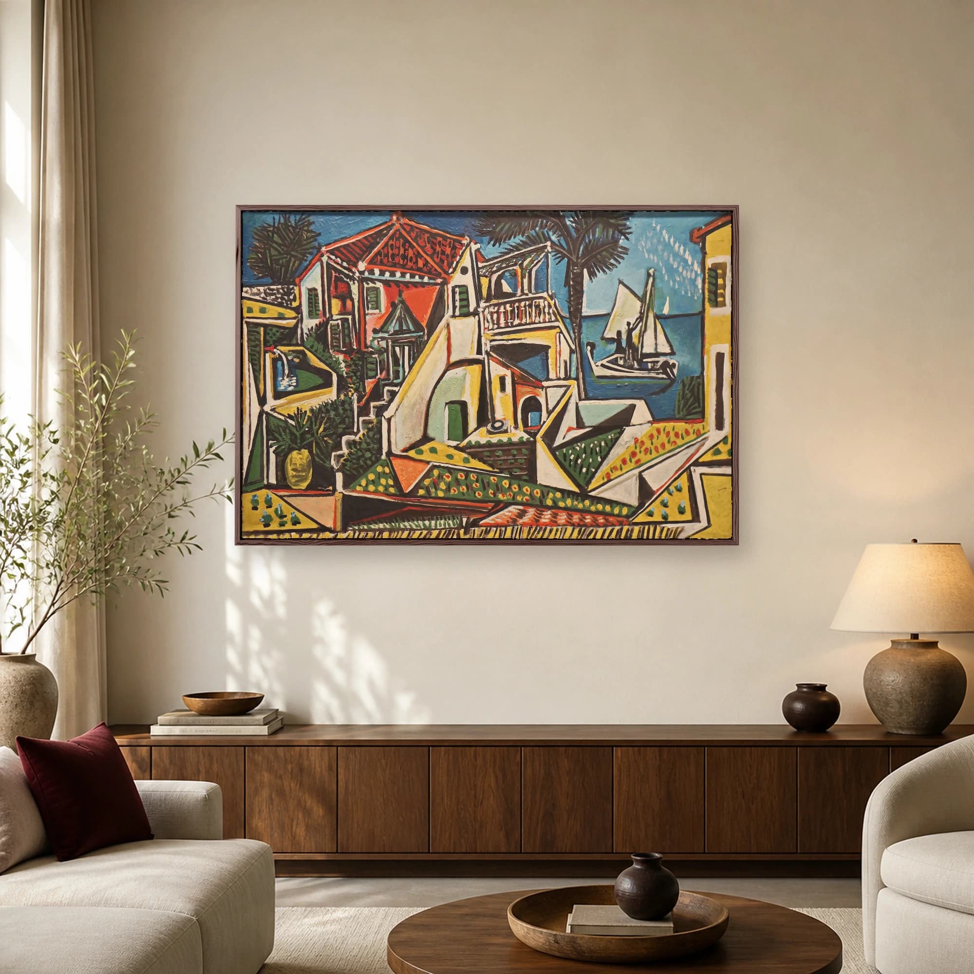 Mediterranean Coastal Villa and Sailboat Cubist Art Print, view 2