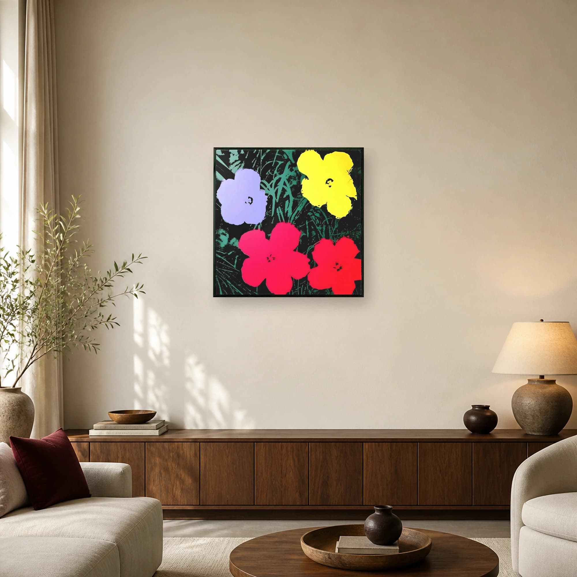 Pop art print featuring four brightly colored purple, yellow, and pink flower blossoms over a dark background with green foliage silhouettes.