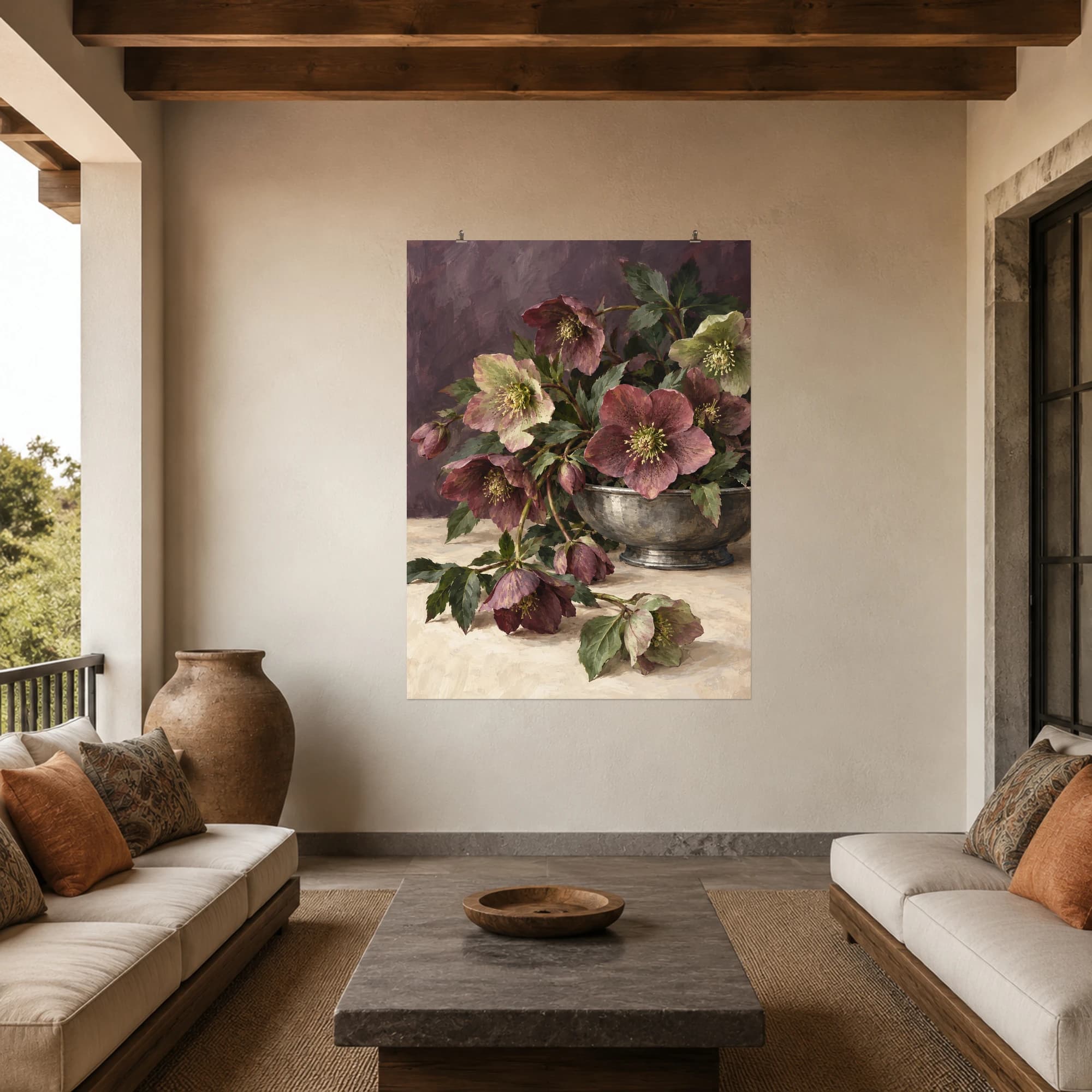 This gouache-style composition features dusky rose and green hellebore flowers spilling naturally from a shallow pewter bowl, cream tabletop and a smoky mauve backdrop. Expressive brushwork and a balanced palette bring warmth and character to your space.