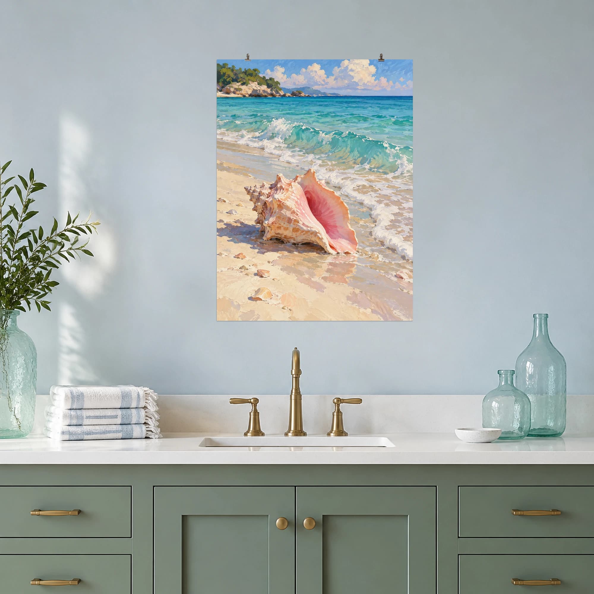 This gouache-style composition features a pink conch shell on sunlit pale sand with a small curling wave and aqua horizon. Expressive brushwork and carefully balanced color bring a distinctive focal point to your wall.