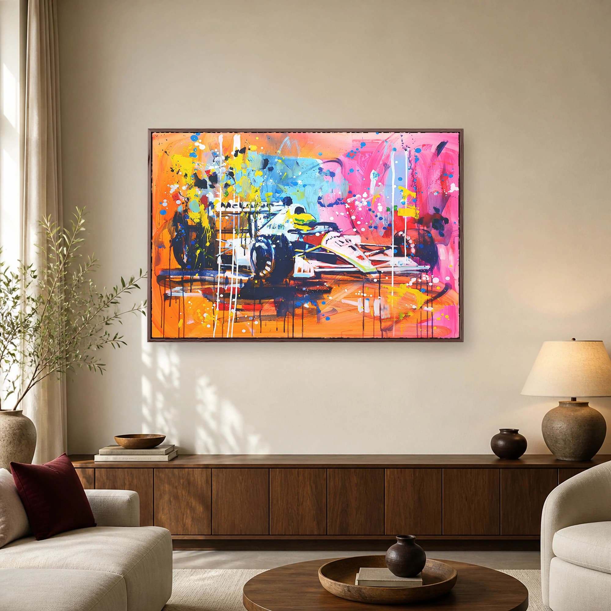 Abstract expressionist painting of Ayrton Senna in a McLaren Formula 1 racing car with vibrant pink, blue, yellow, and orange paint splatters.