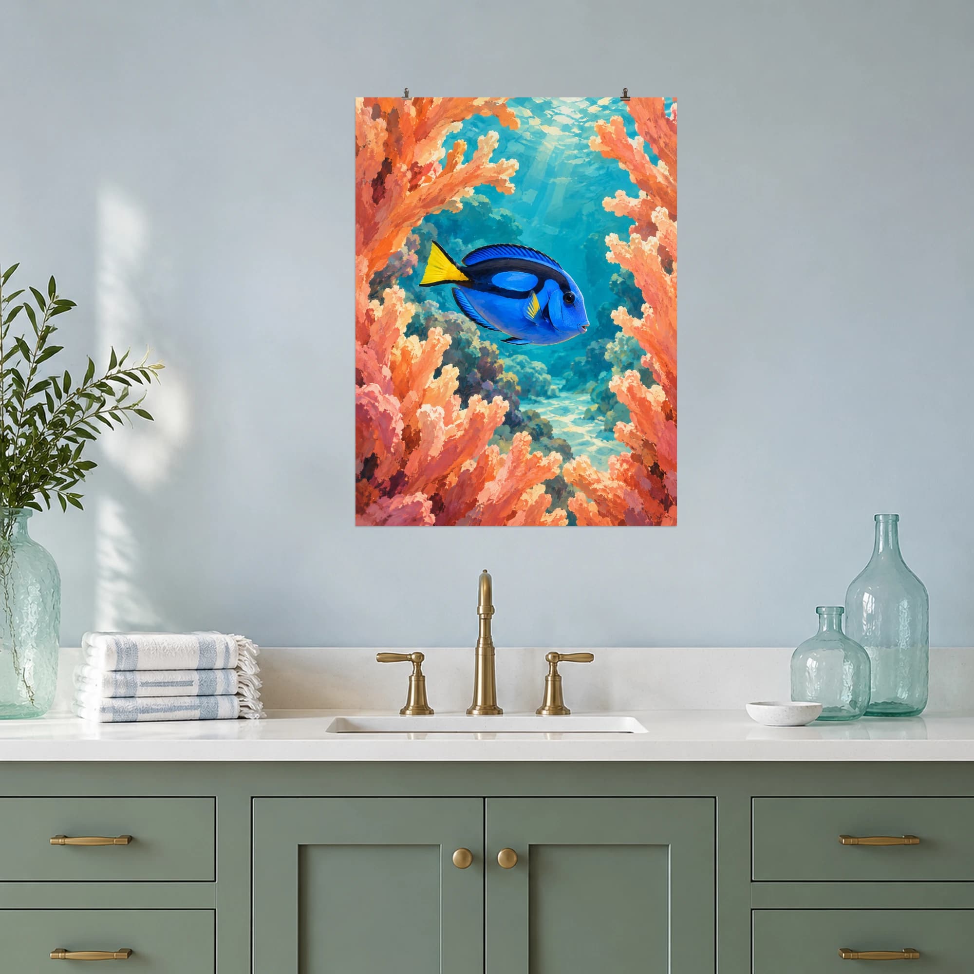 This gouache-style composition features one bright blue tang swimming through an opening between warm peach coral branches in luminous turquoise water. Expressive brushwork and a balanced palette bring warmth and character to your space.