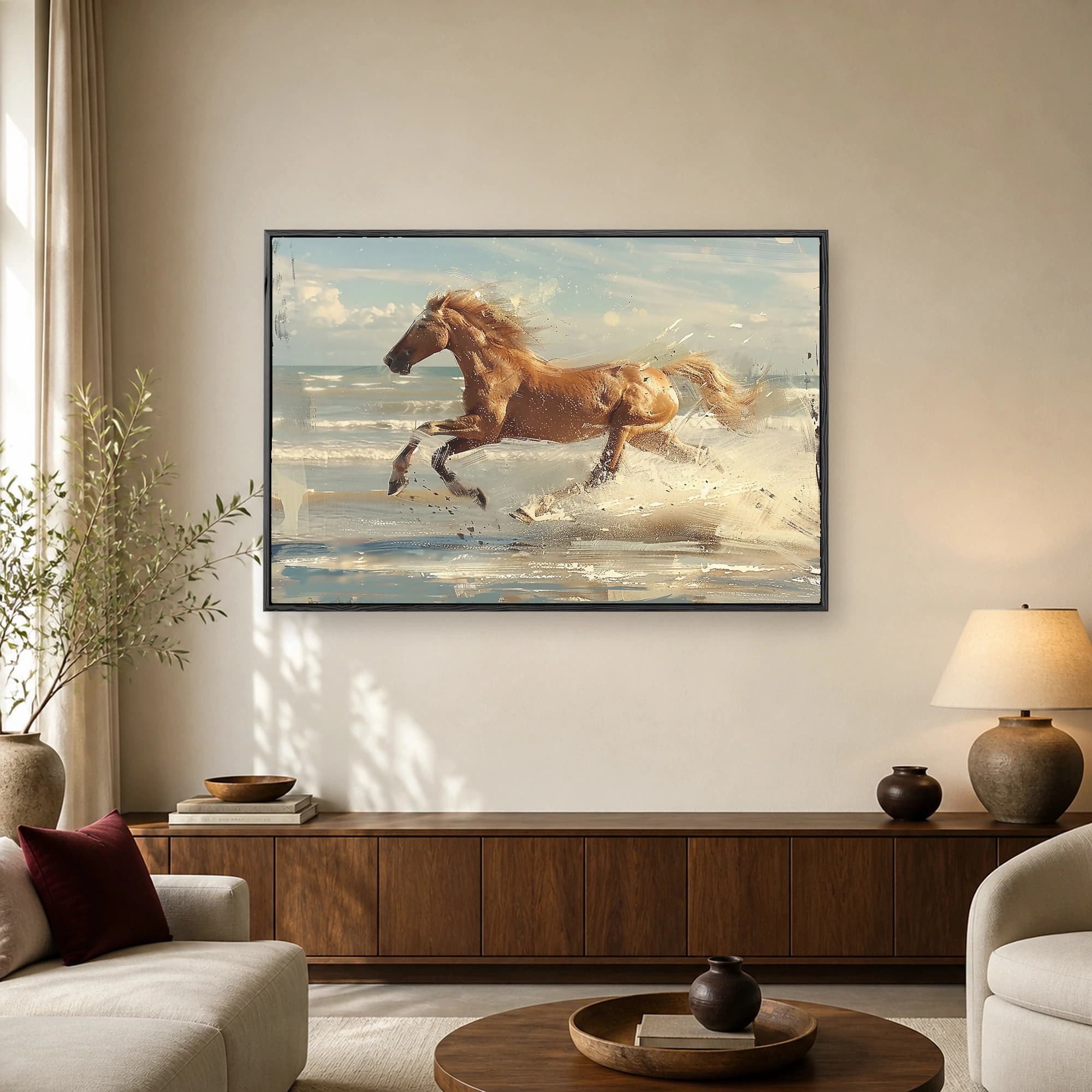 A golden horse galloping through ocean surf on a sandy beach with expressive painterly brushwork and splashing water.
