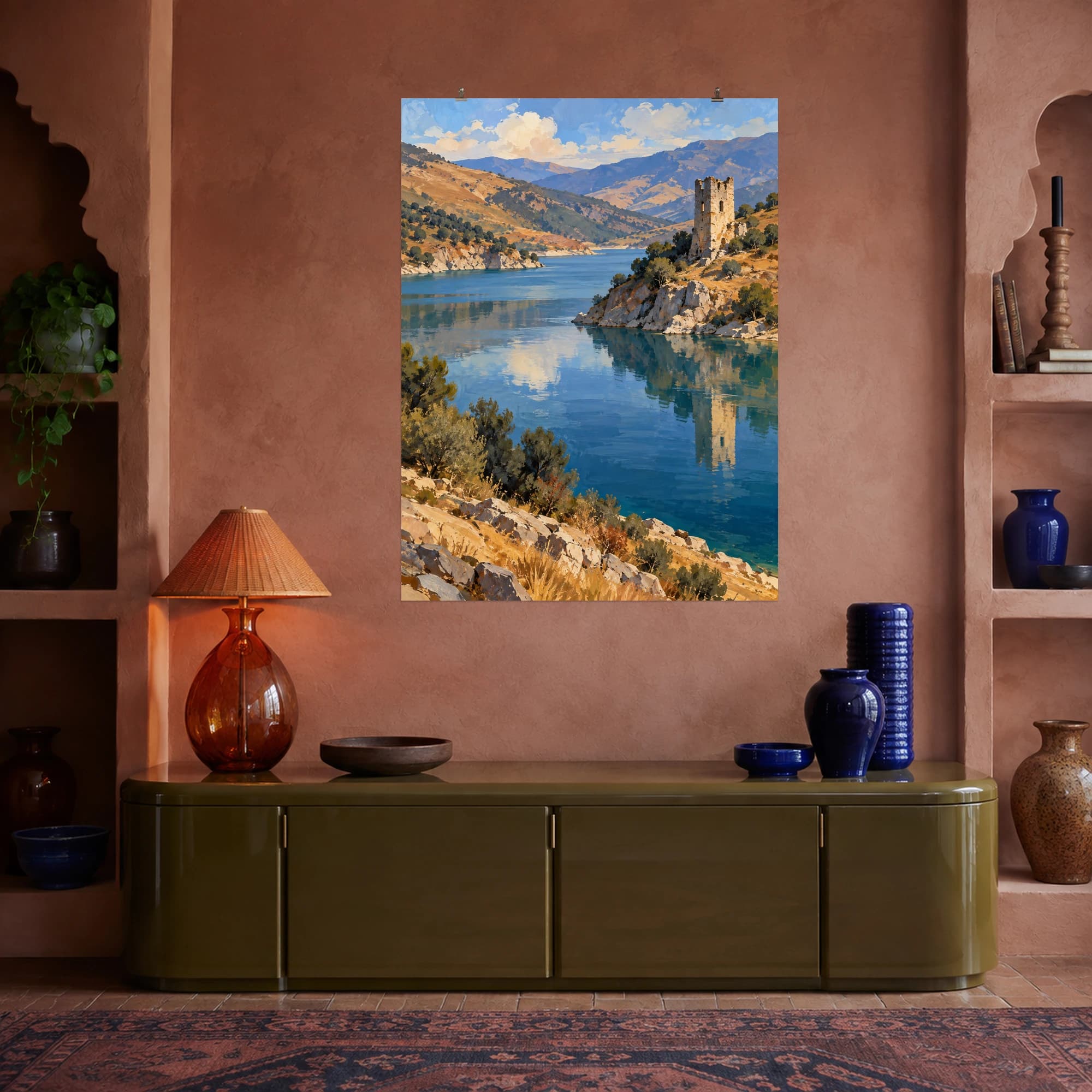This gouache-style composition features a calm blue reservoir curving between ochre hills with an abandoned stone tower reflected near the shore. Expressive brushwork and a balanced palette bring warmth and character to your space.