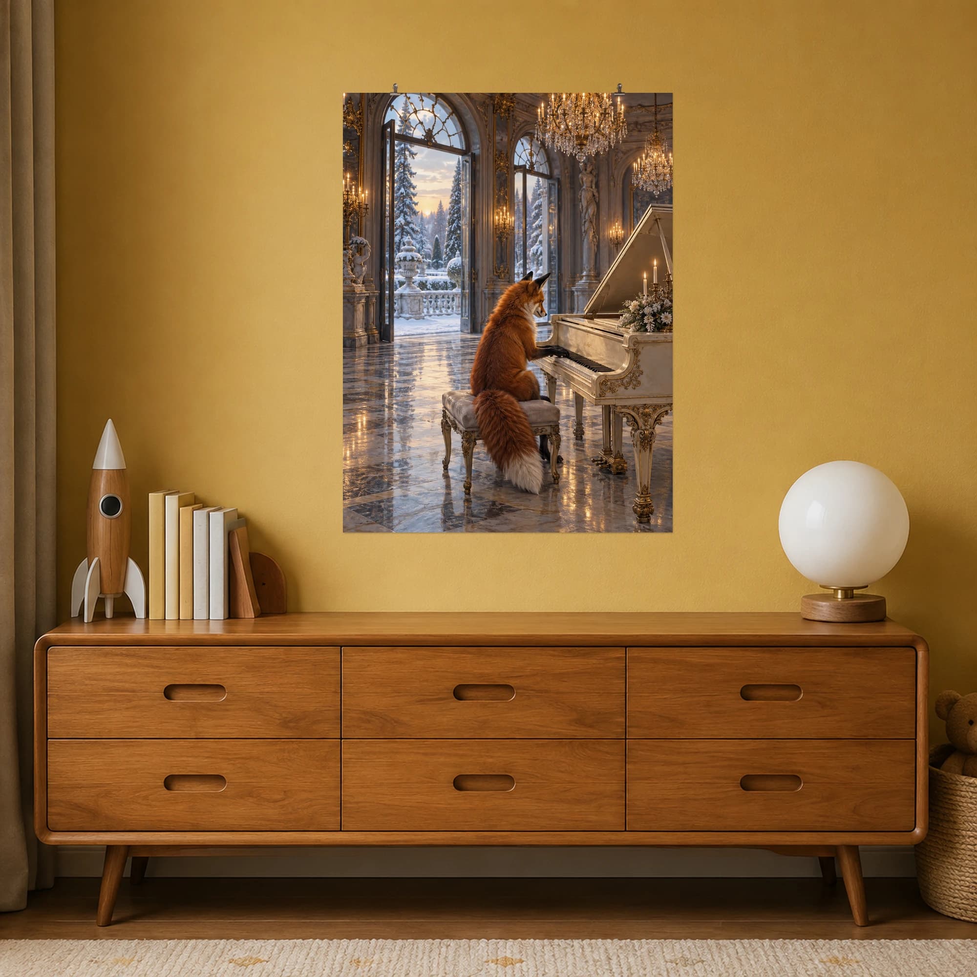 A red fox plays an ivory grand piano in a glowing ballroom overlooking snowy gardens.