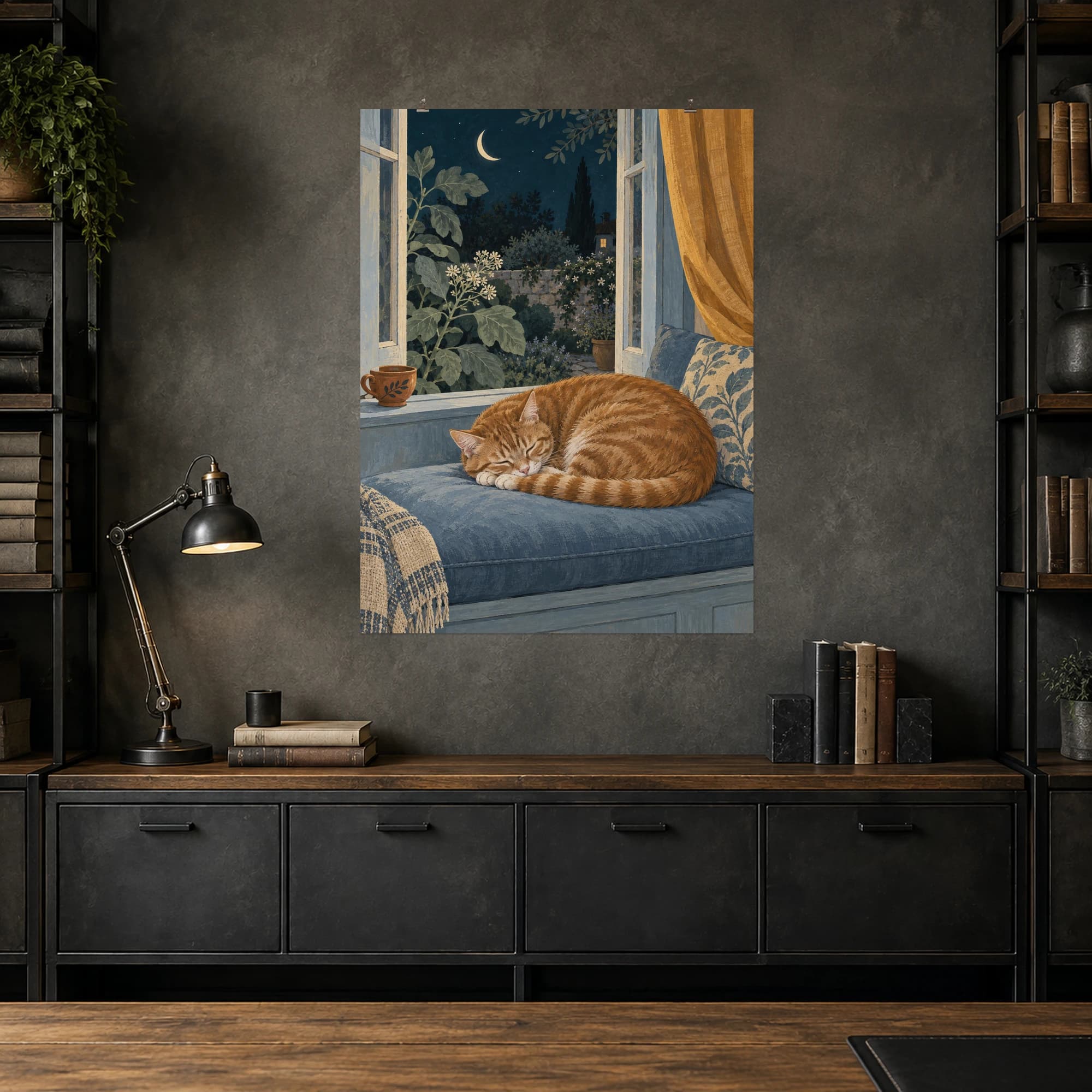 A ginger tabby curls up on a blue window seat while a crescent moon rises over a quiet garden. Ochre curtains and leafy shadows give this evening scene a peaceful, lived-in warmth.