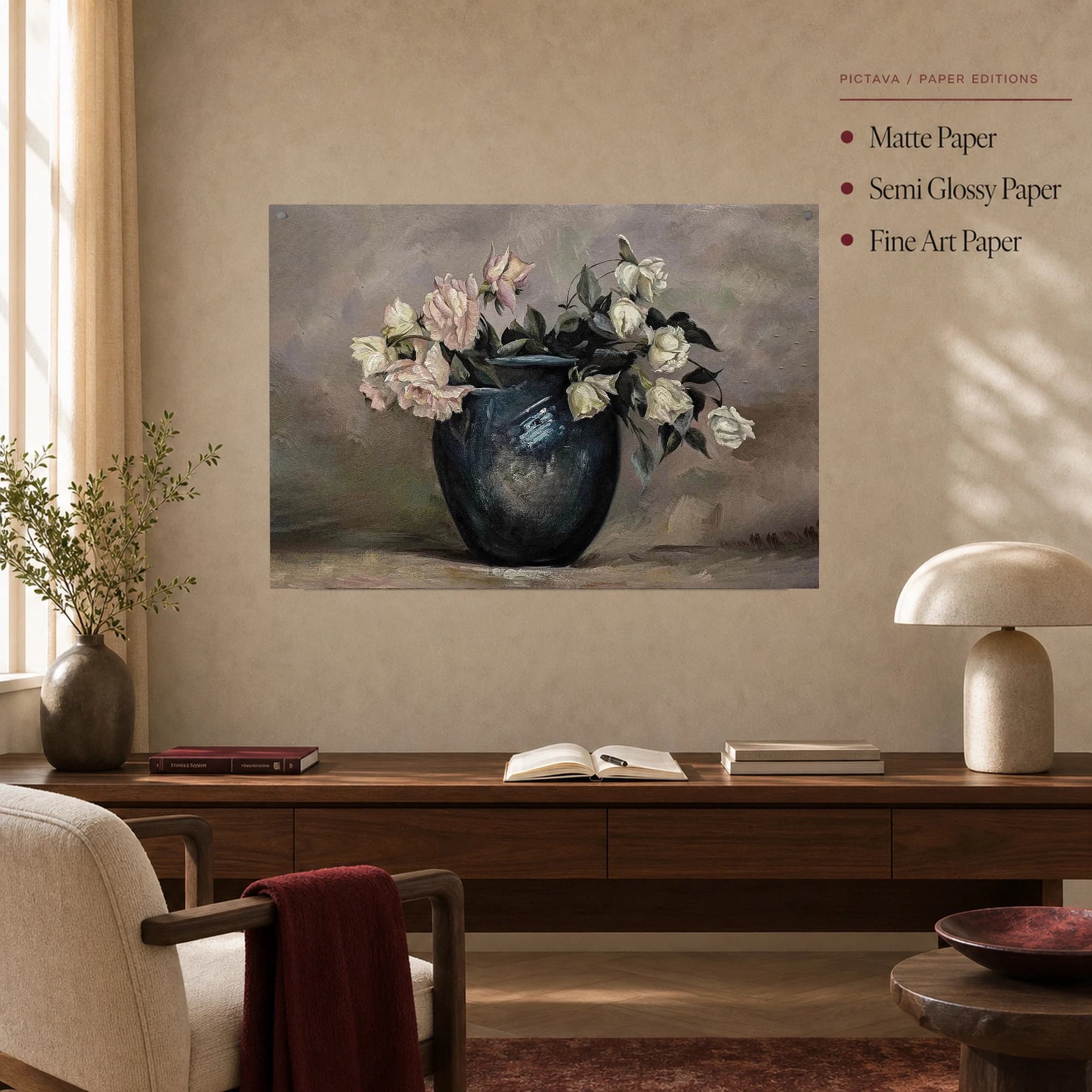 Classic Still Life Roses in Dark Vase Fine Art Print, view 4