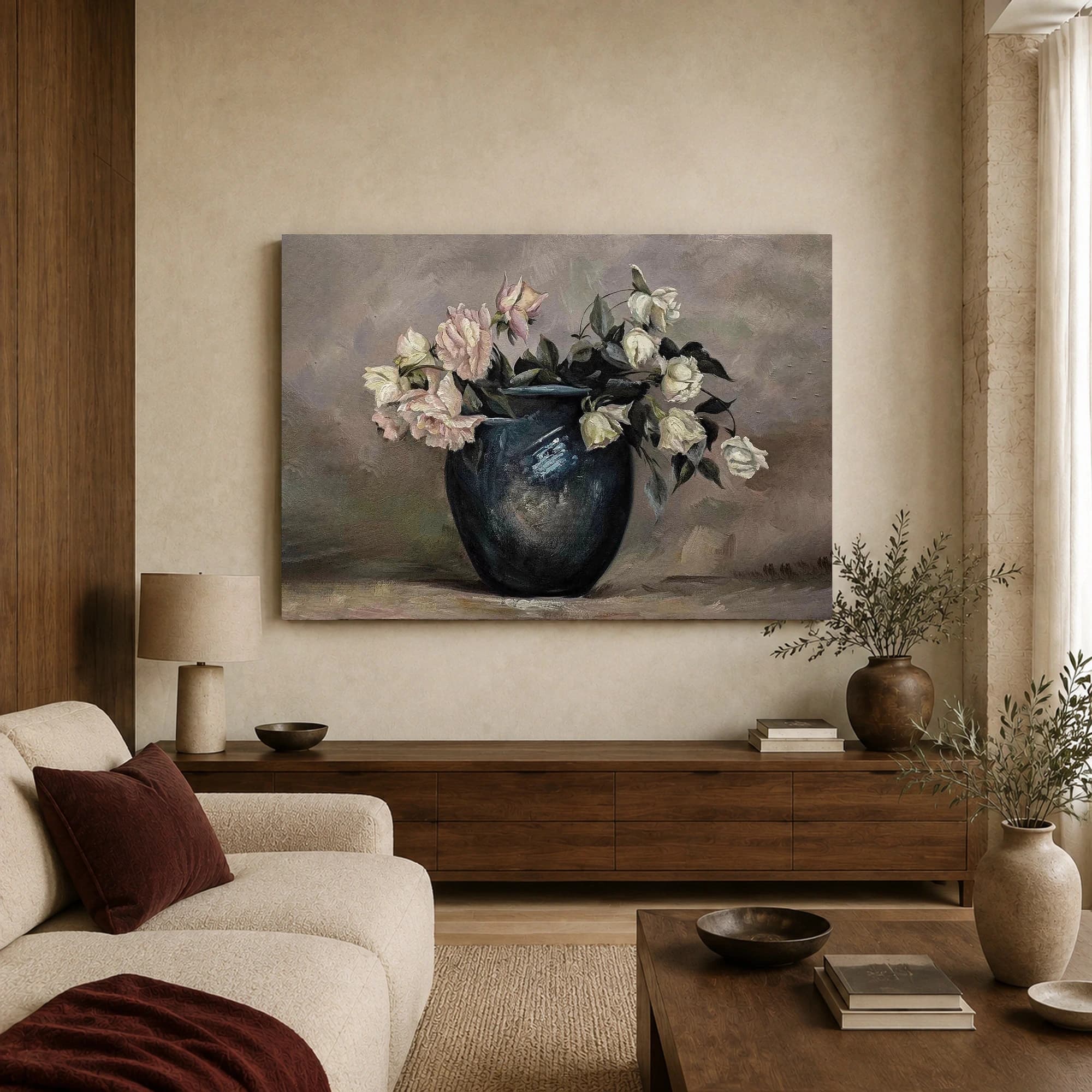 Classic Still Life Roses in Dark Vase Fine Art Print, view 3