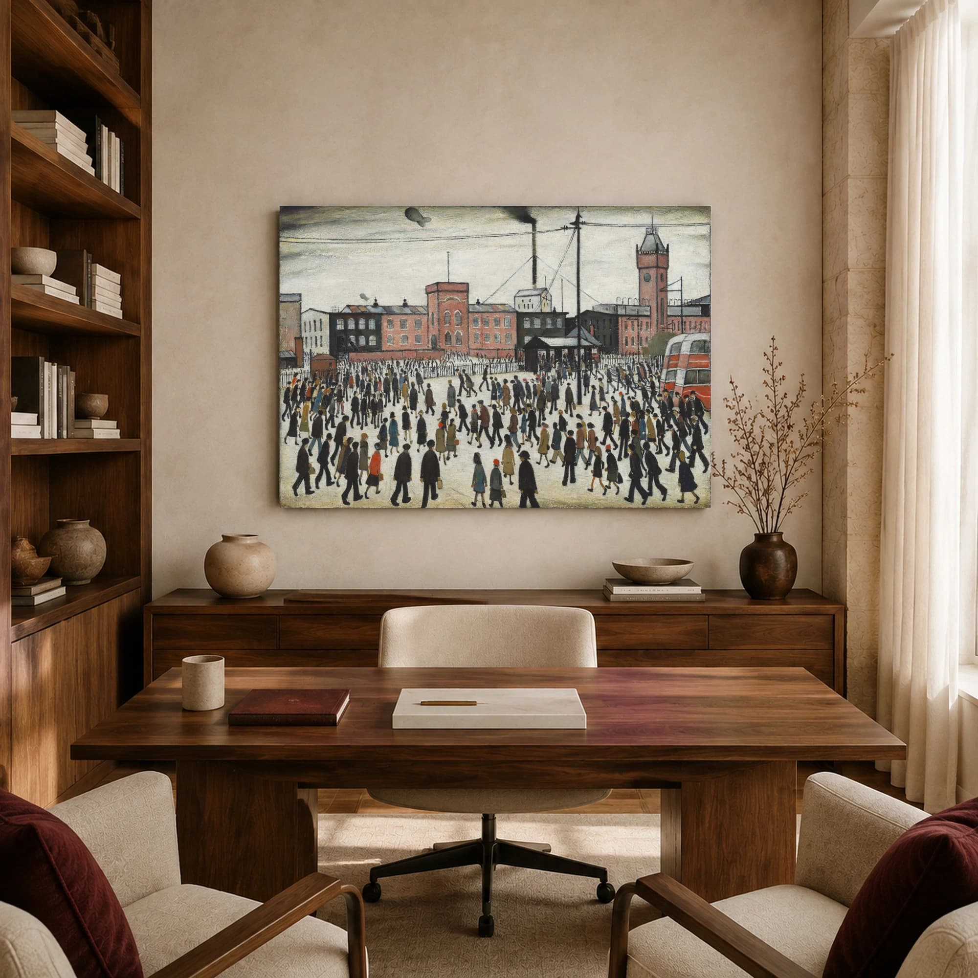 Industrial Town Square Fine Art Print with Crowds and Red Bus, view 8