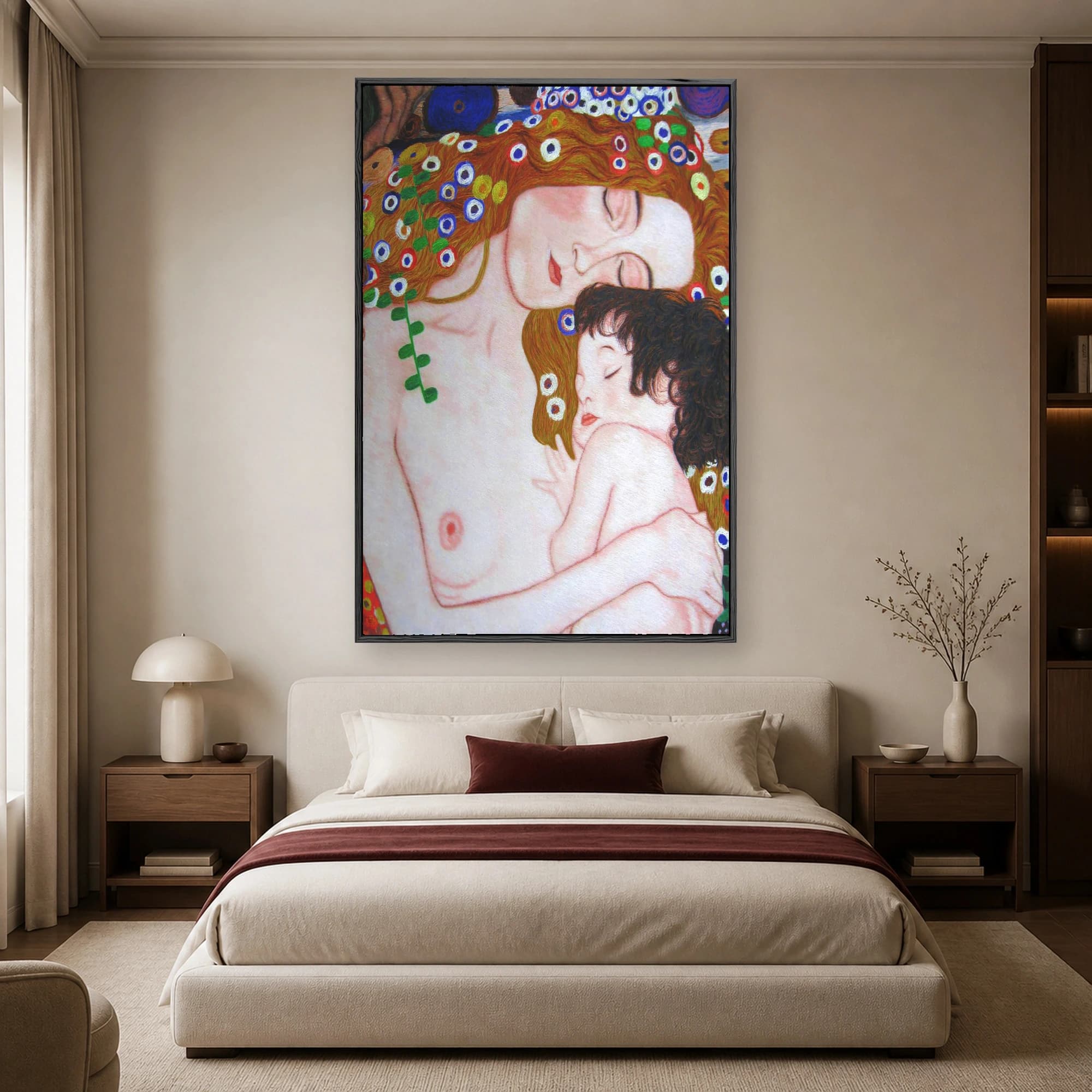 Fine art print of a mother with flowing red hair holding her sleeping child in the decorative style of Gustav Klimt.