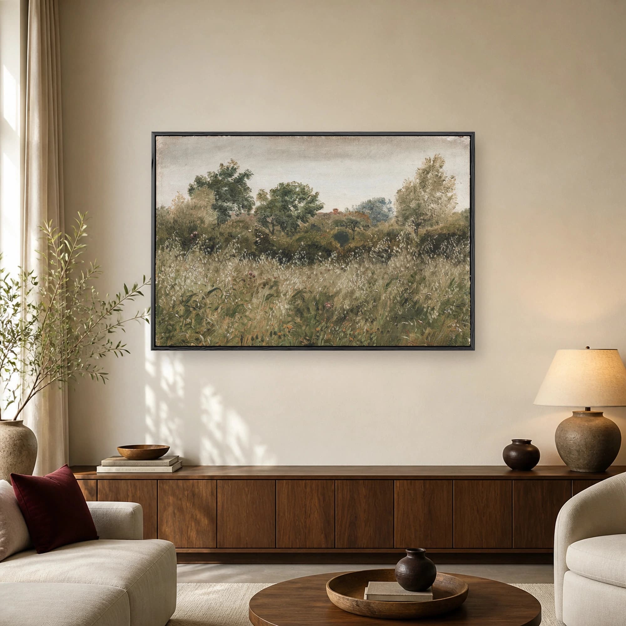 Impressionist landscape painting showing wild grasses and trees under a gray sky, available as a canvas print or poster.