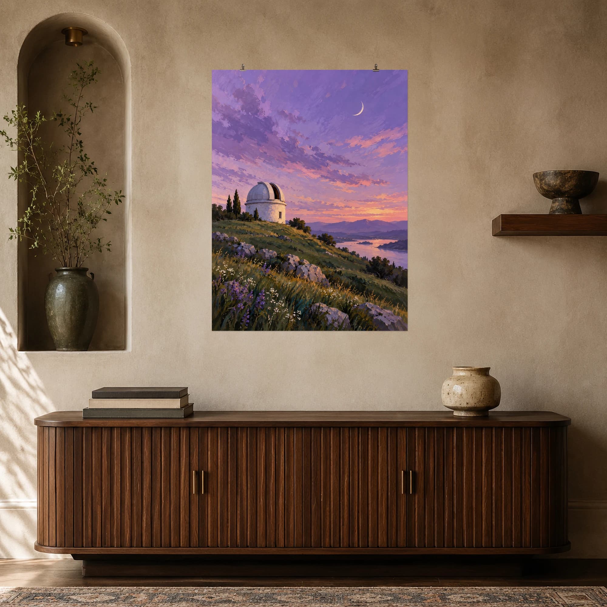 This gouache-style composition features a small white domed observatory on a grassy hill beneath a vast lavender dusk sky with a thin crescent moon. Expressive brushwork and a balanced palette bring warmth and character to your space.