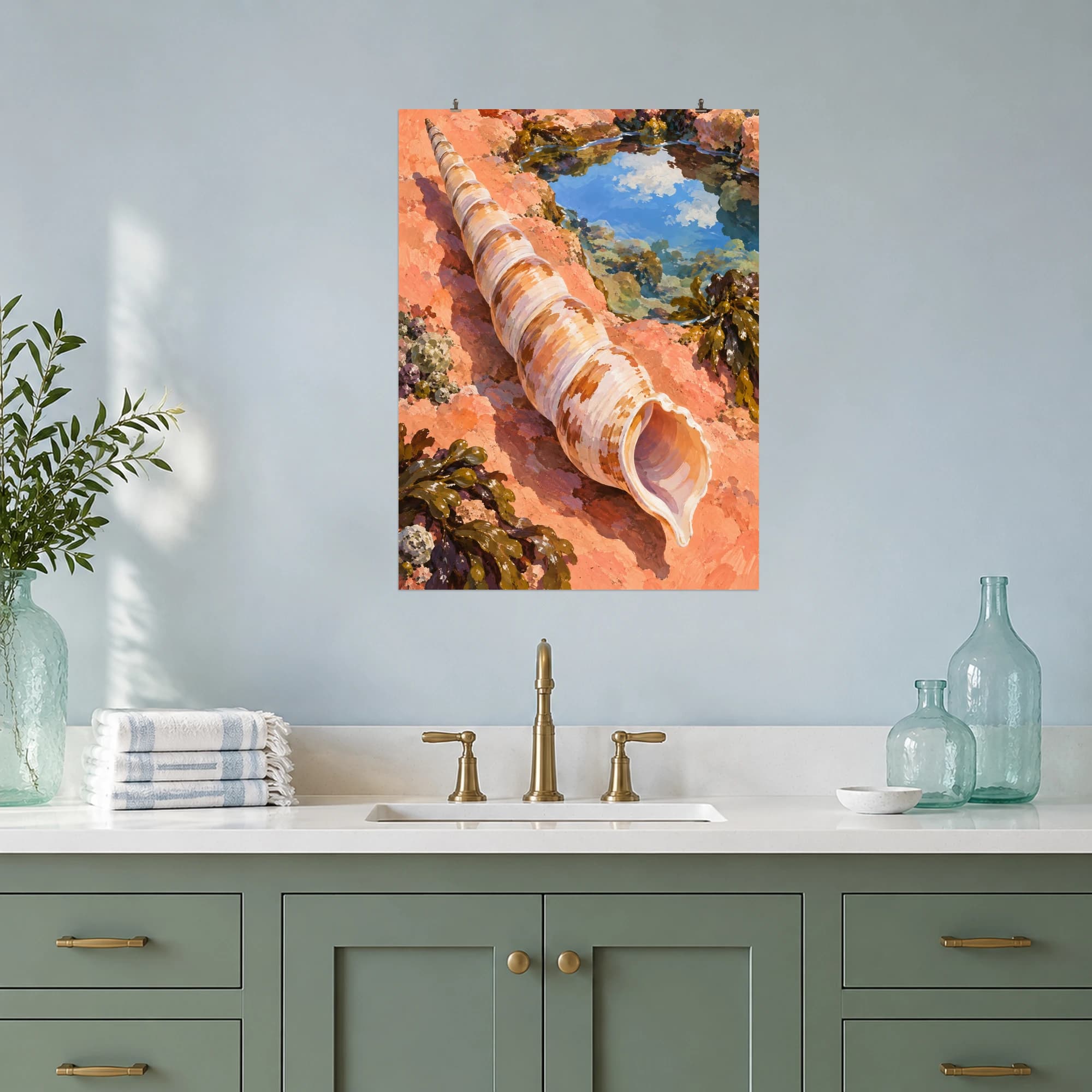 This gouache-style composition features an elongated spiral auger shell on a peach coral background with a tiny tide pool reflecting blue sky. Expressive brushwork and a balanced palette bring warmth and character to your space.