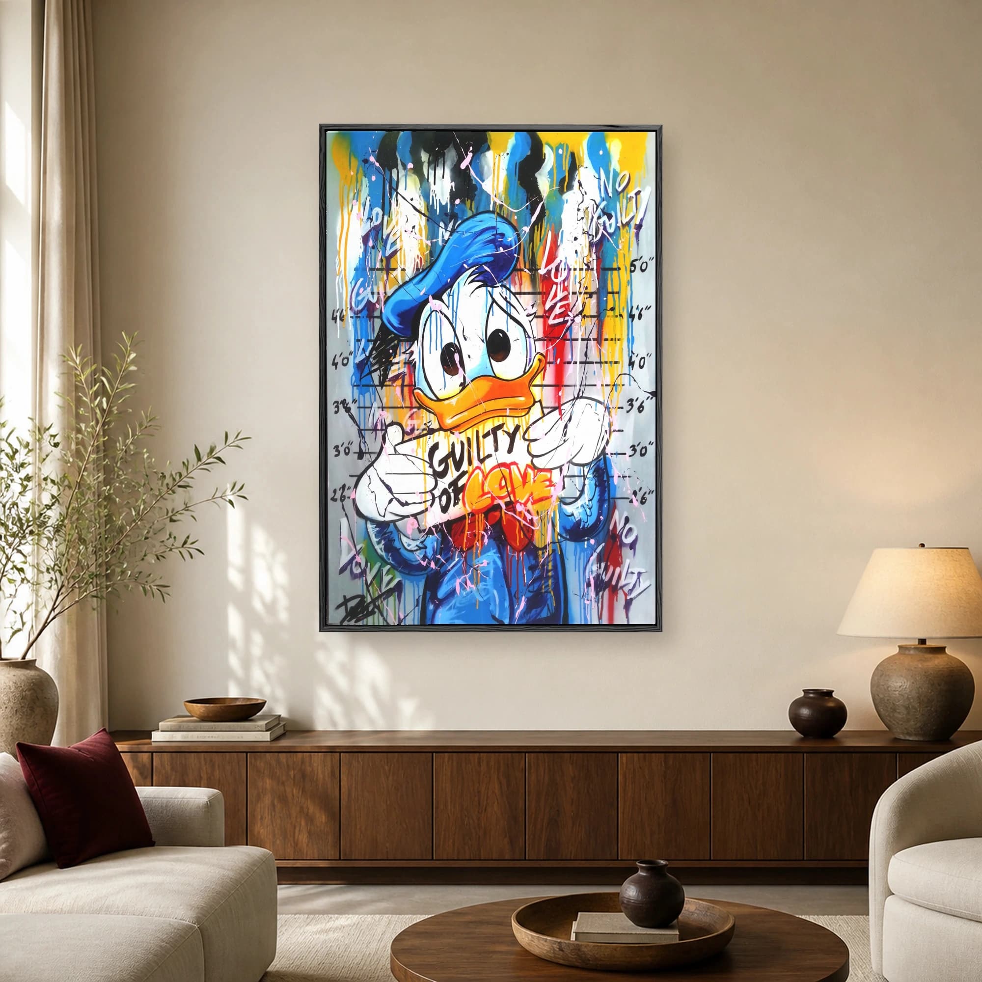 Pop art street painting of Donald Duck in a police lineup holding a Guilty of Love sign with vibrant paint drips and graffiti background