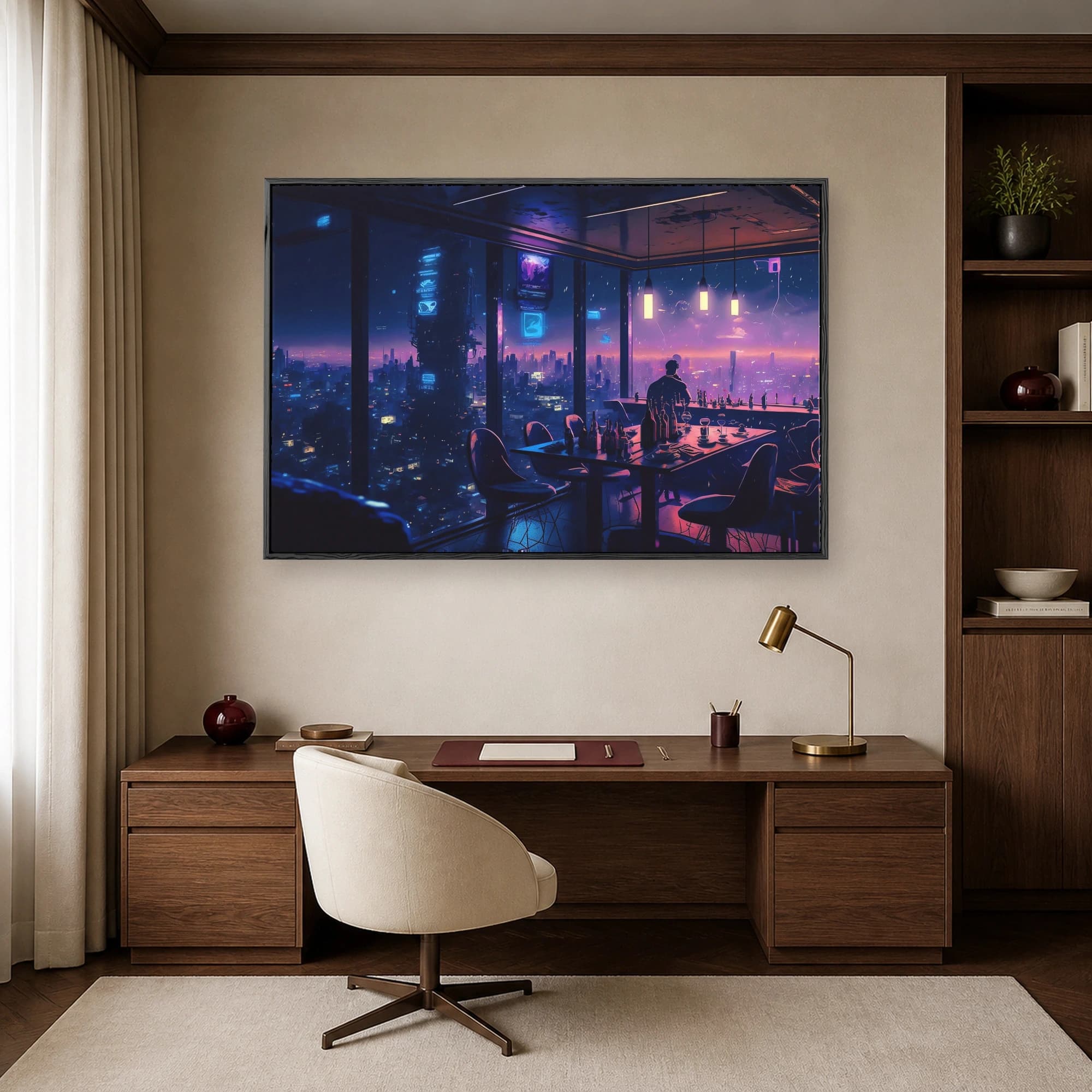 Cyberpunk Cityscape Neon Lounge Canvas Wall Art, view 7