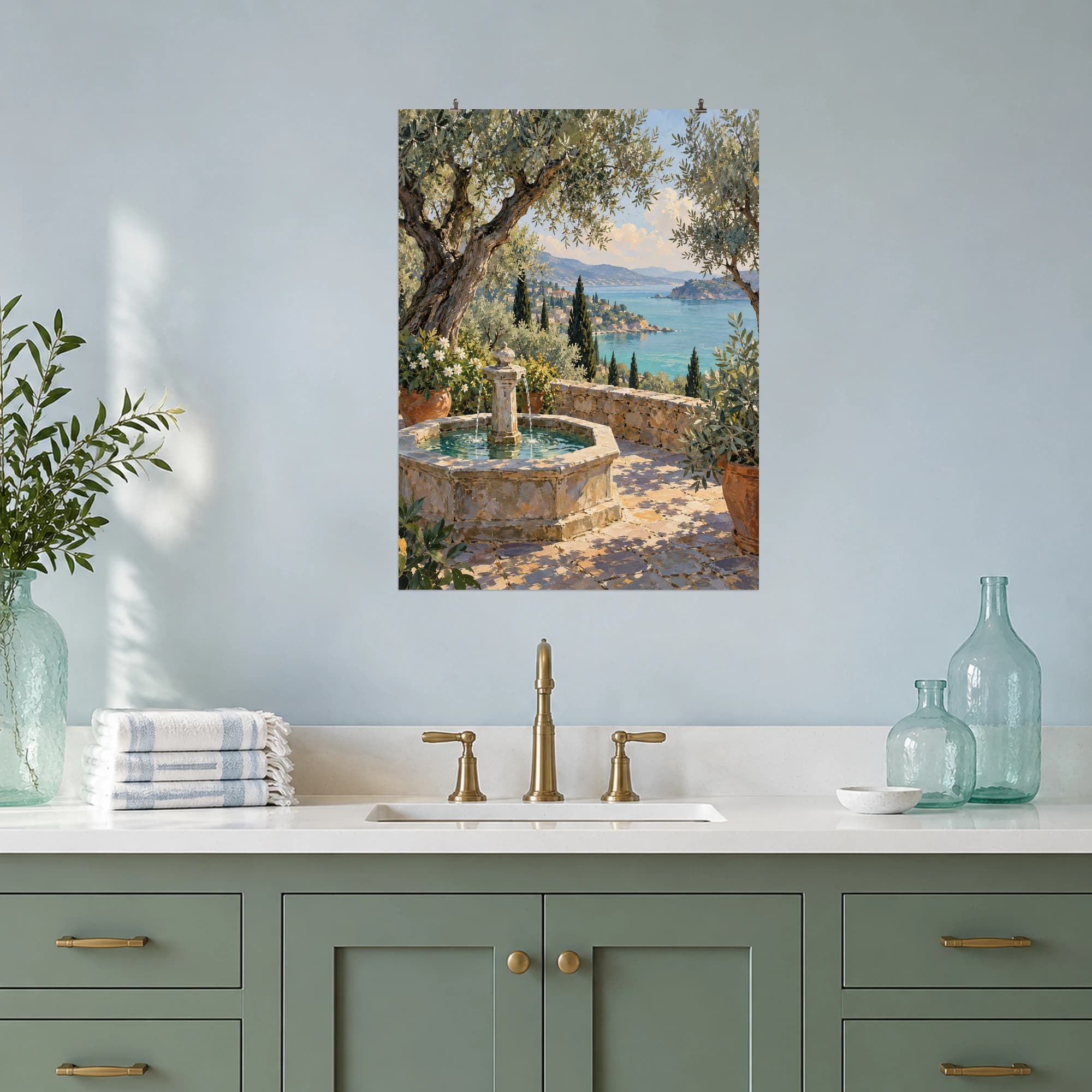 This gouache-style composition features a small octagonal stone fountain on a quiet olive grove terrace overlooking a pale turquoise bay. Expressive brushwork and a balanced palette bring warmth and character to your space.