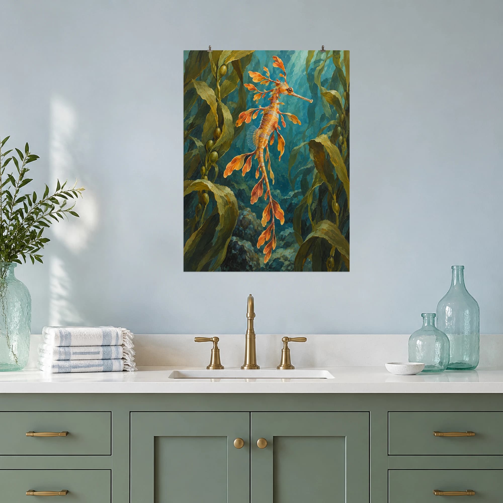 This gouache-style composition features a delicate weedy seadragon with orange leaflike appendages floating vertically among swaying olive kelp in blue green water. Expressive brushwork and a balanced palette bring warmth and character to your space.