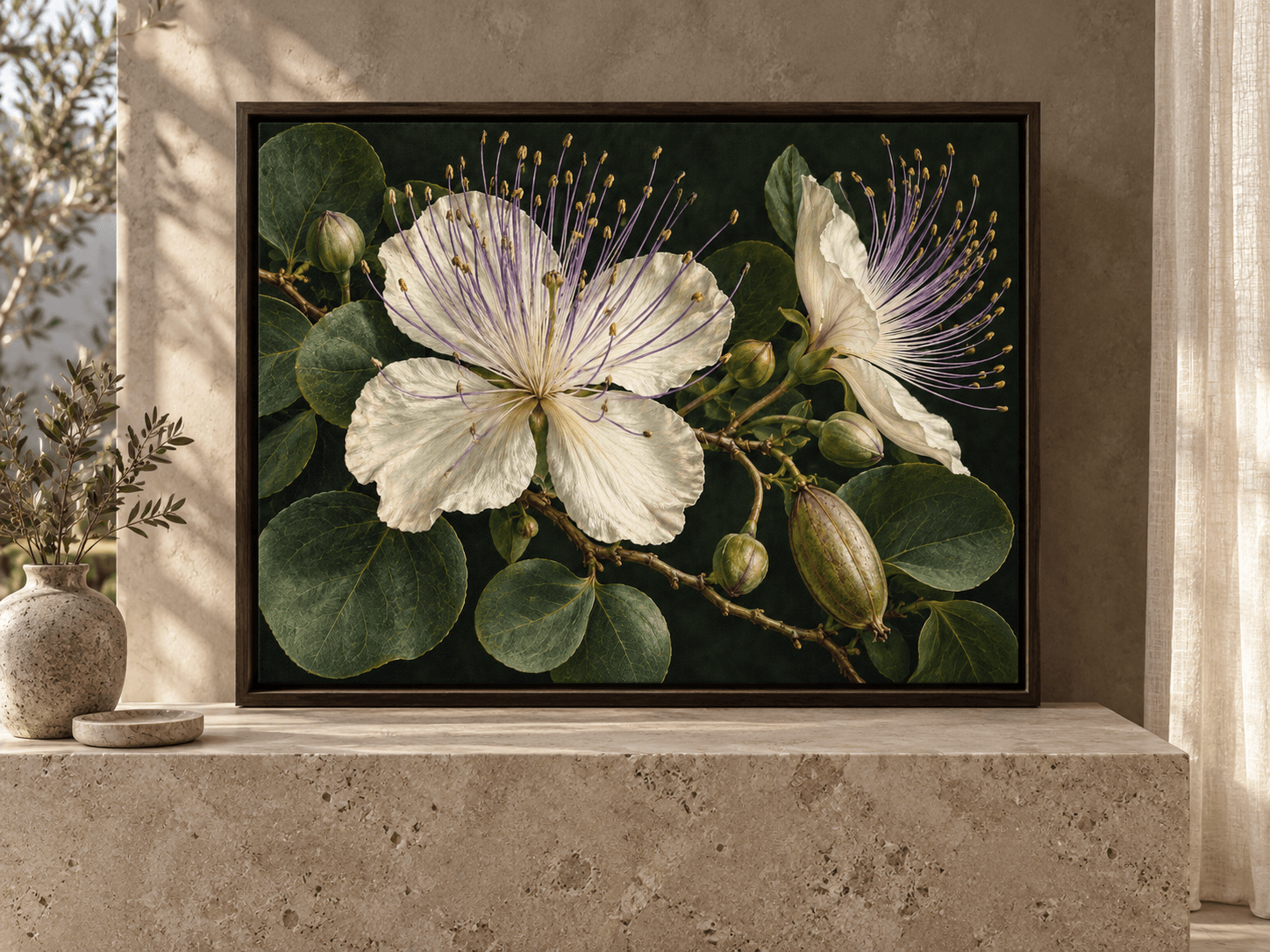 This ivory caper flower wall art captures a moody botanical scene. Ivory caper petals support fountains of violet stamens above rounded olive leaves and green buds.