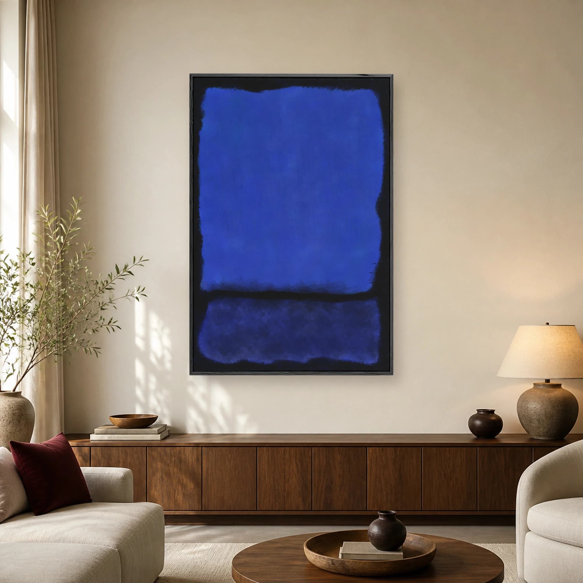 Deep blue abstract color field painting featuring a dark textured border and horizontal dividing band in a minimalist style.