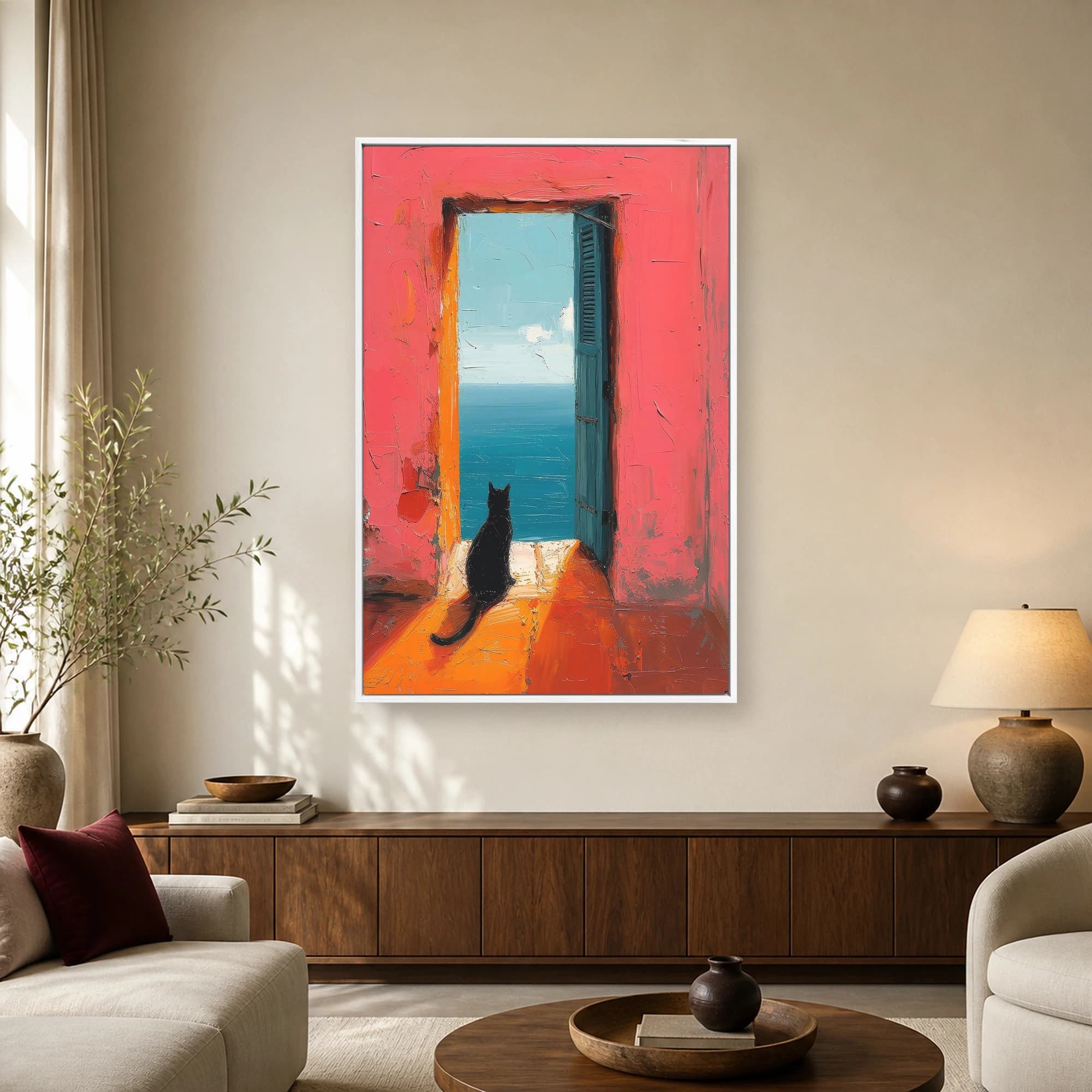 Black Cat Looking Out Ocean Door Canvas Print, view 2