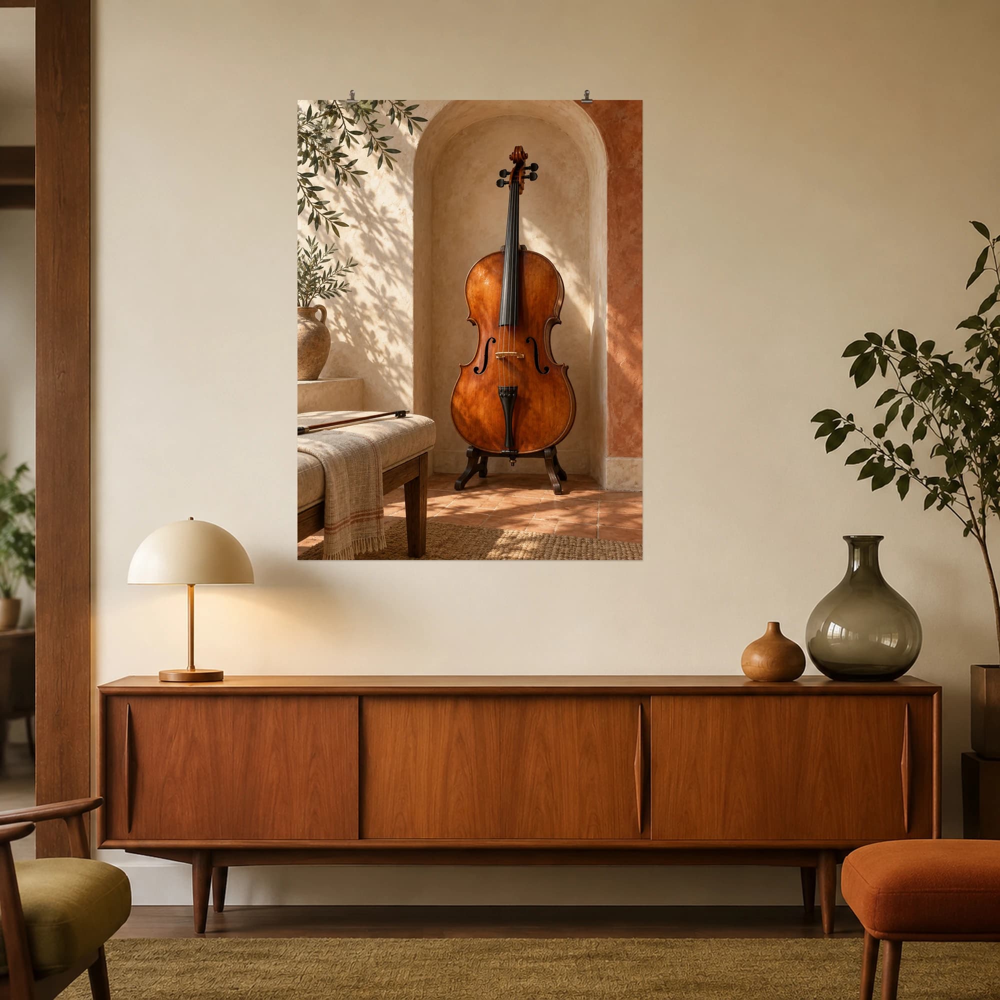 An amber cello stands in a sunlit plaster alcove, surrounded by soft olive-leaf shadows.