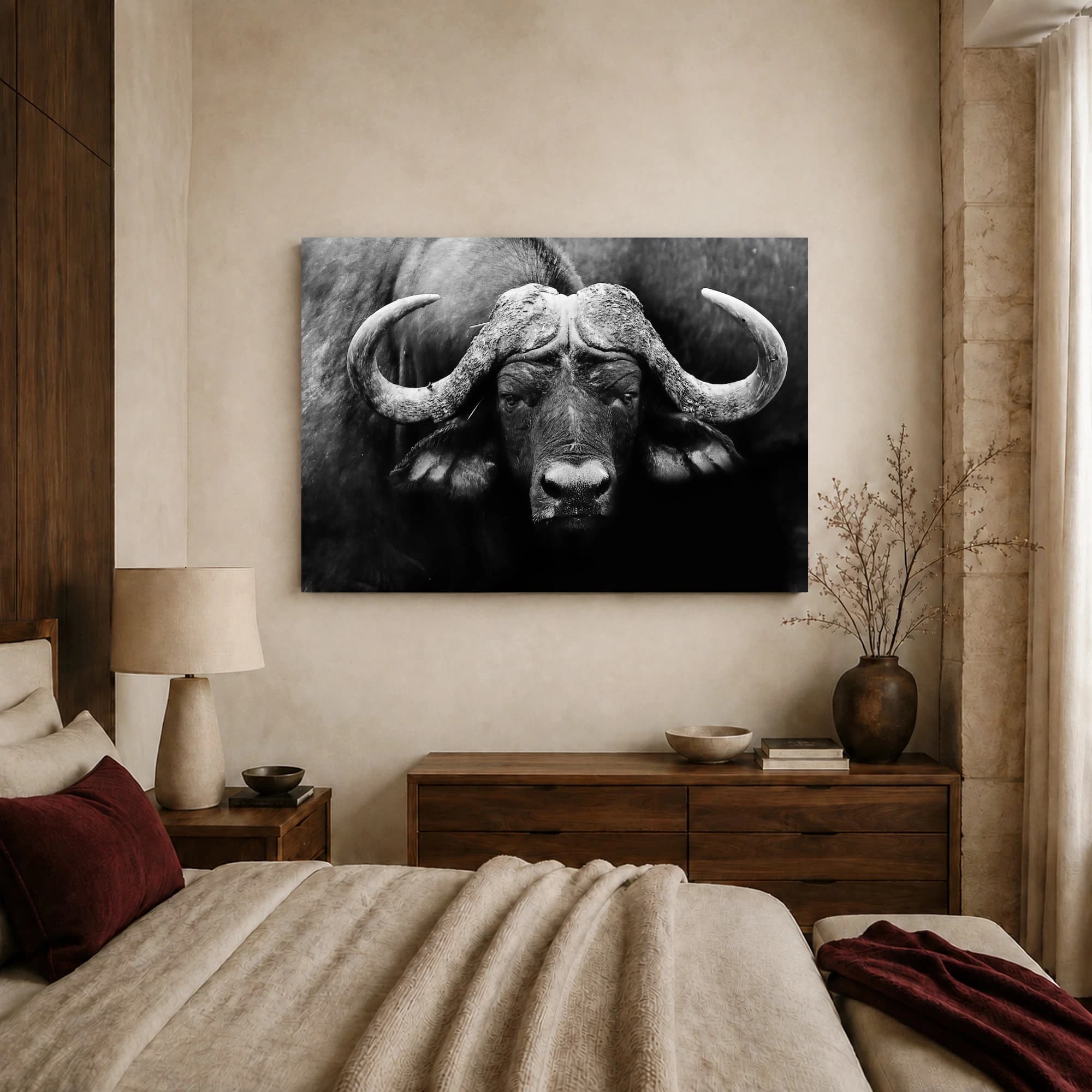 African Cape Buffalo Black and White Wildlife Wall Art, view 6