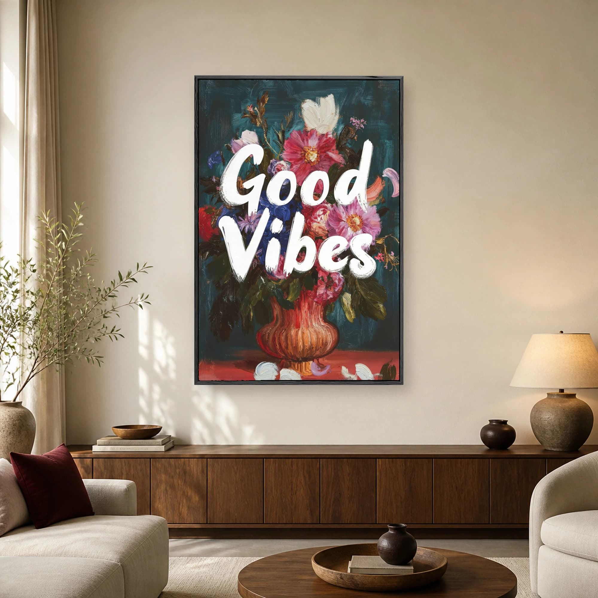 A vibrant oil painting of a colorful floral bouquet with thick impasto texture and the words Good Vibes written across it in bold white letters.