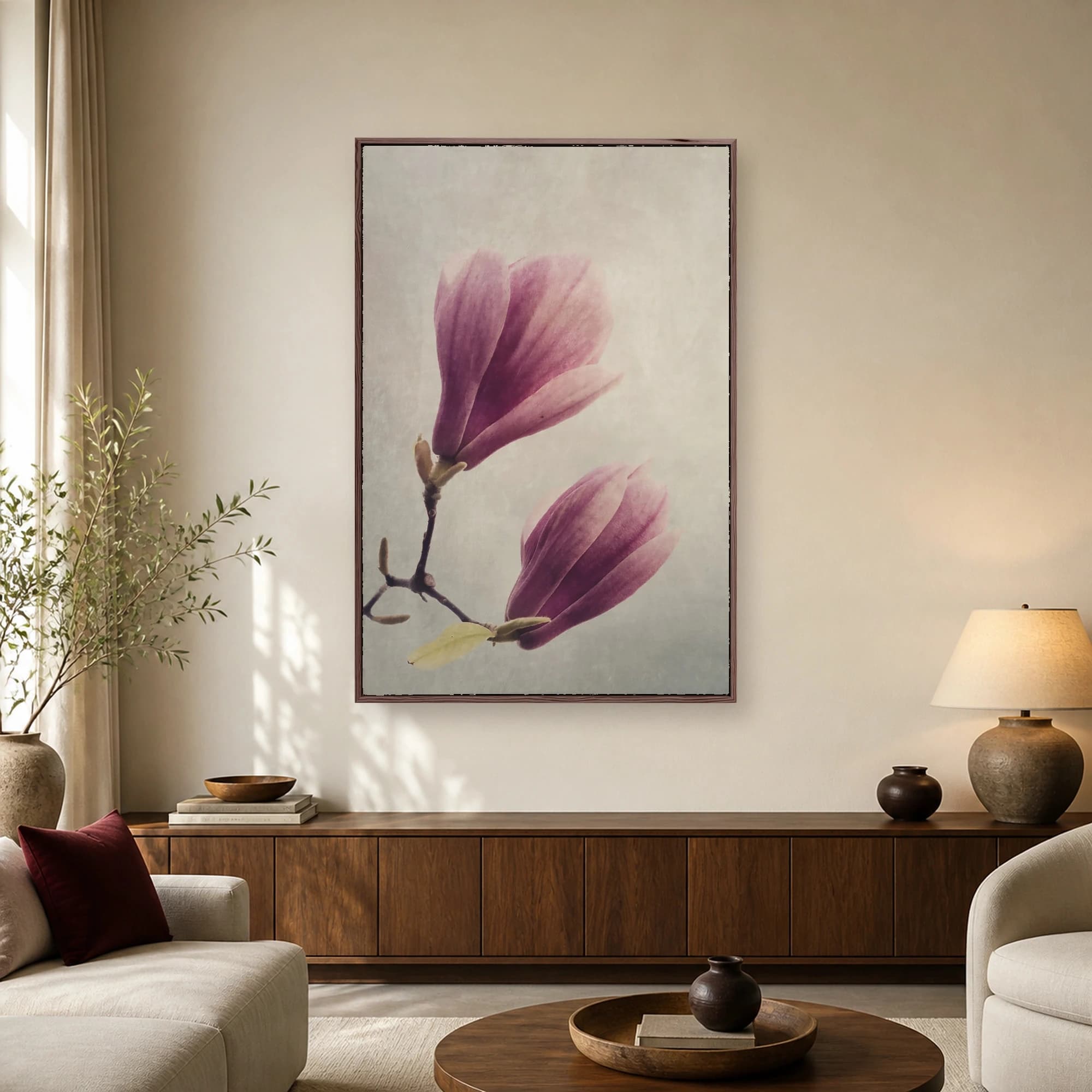 Fine art botanical photograph of two pink magnolia blossoms on a slender branch against a textured neutral background