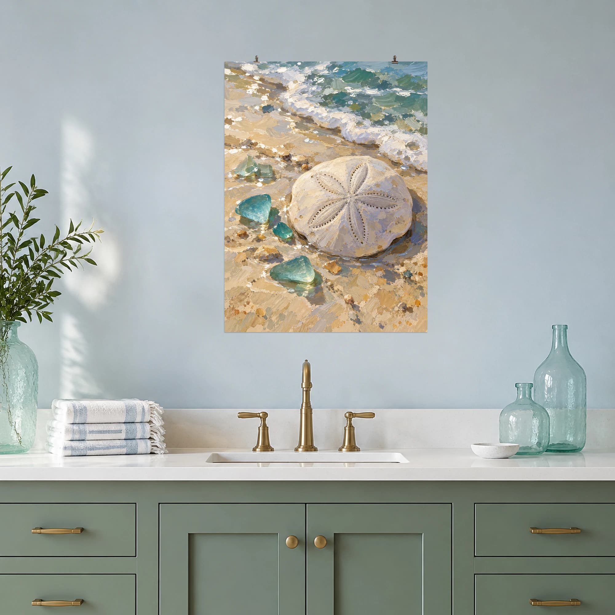 This gouache-style composition features a pale sea biscuit shell beside small turquoise sea glass pieces on wet cream sand. Expressive brushwork and carefully balanced color bring a distinctive focal point to your wall.
