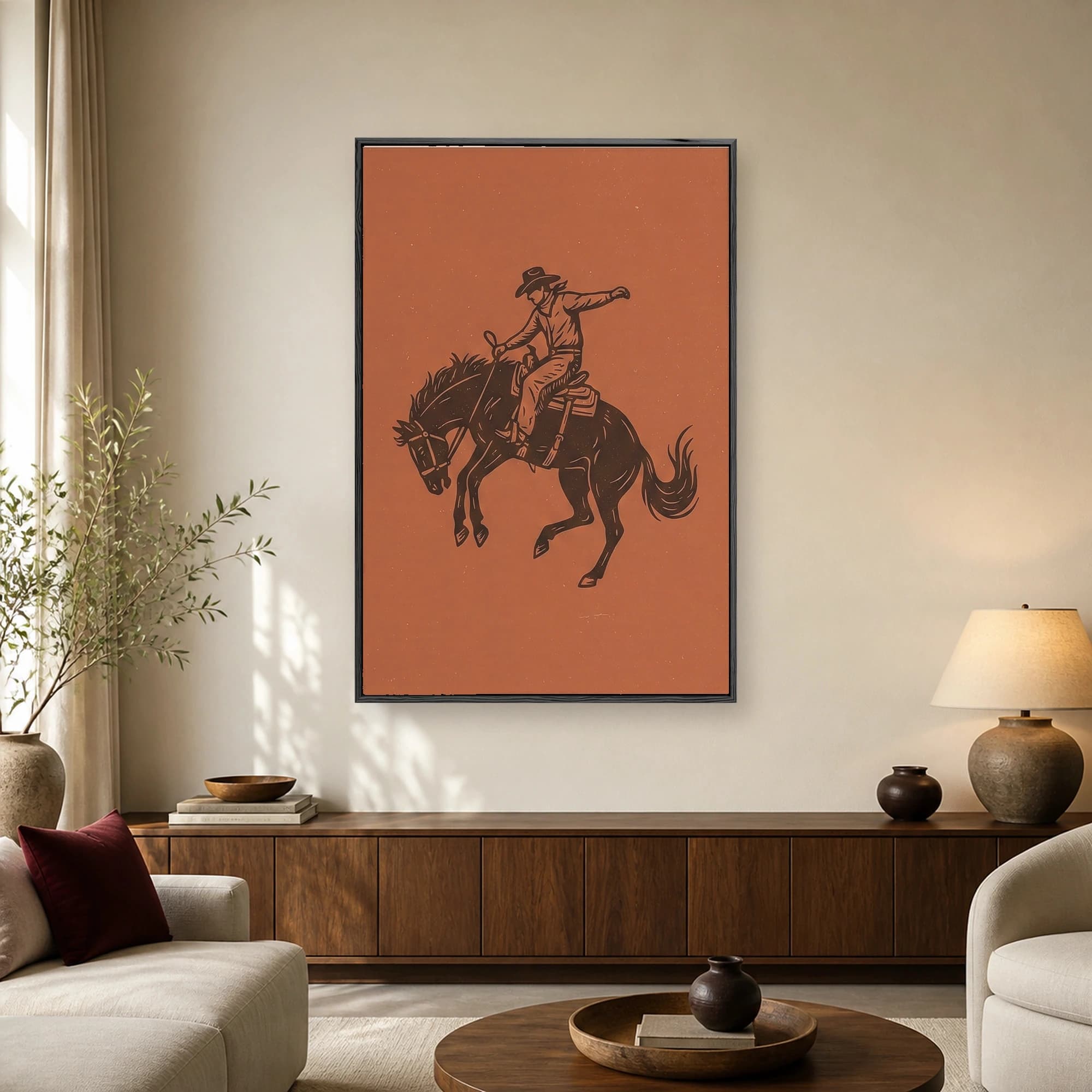 A dark brown linocut print illustration of a cowboy riding a bucking bronco horse on a textured terracotta rust background.