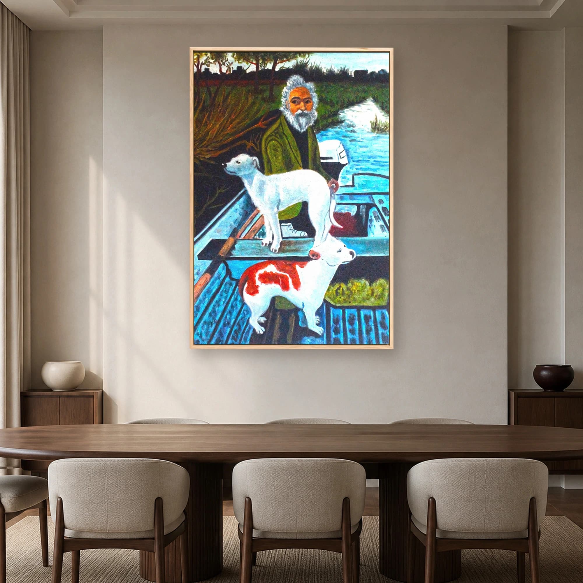 Man and Dogs on a Blue Boat Folk Art Canvas Print, view 4