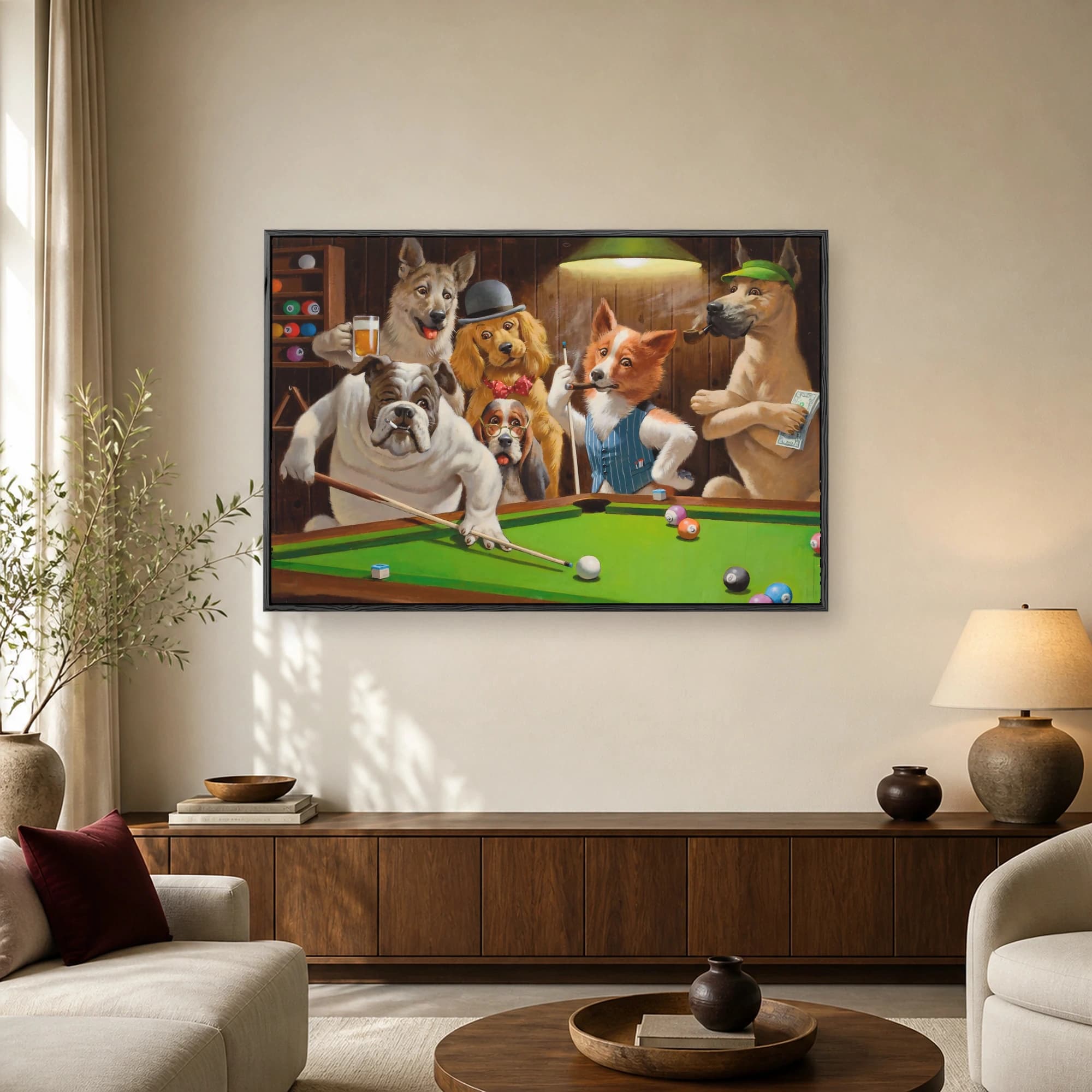A humorous painting of several anthropomorphic dogs playing pool in a tavern, with a bulldog lining up a shot and other dogs smoking and drinking.
