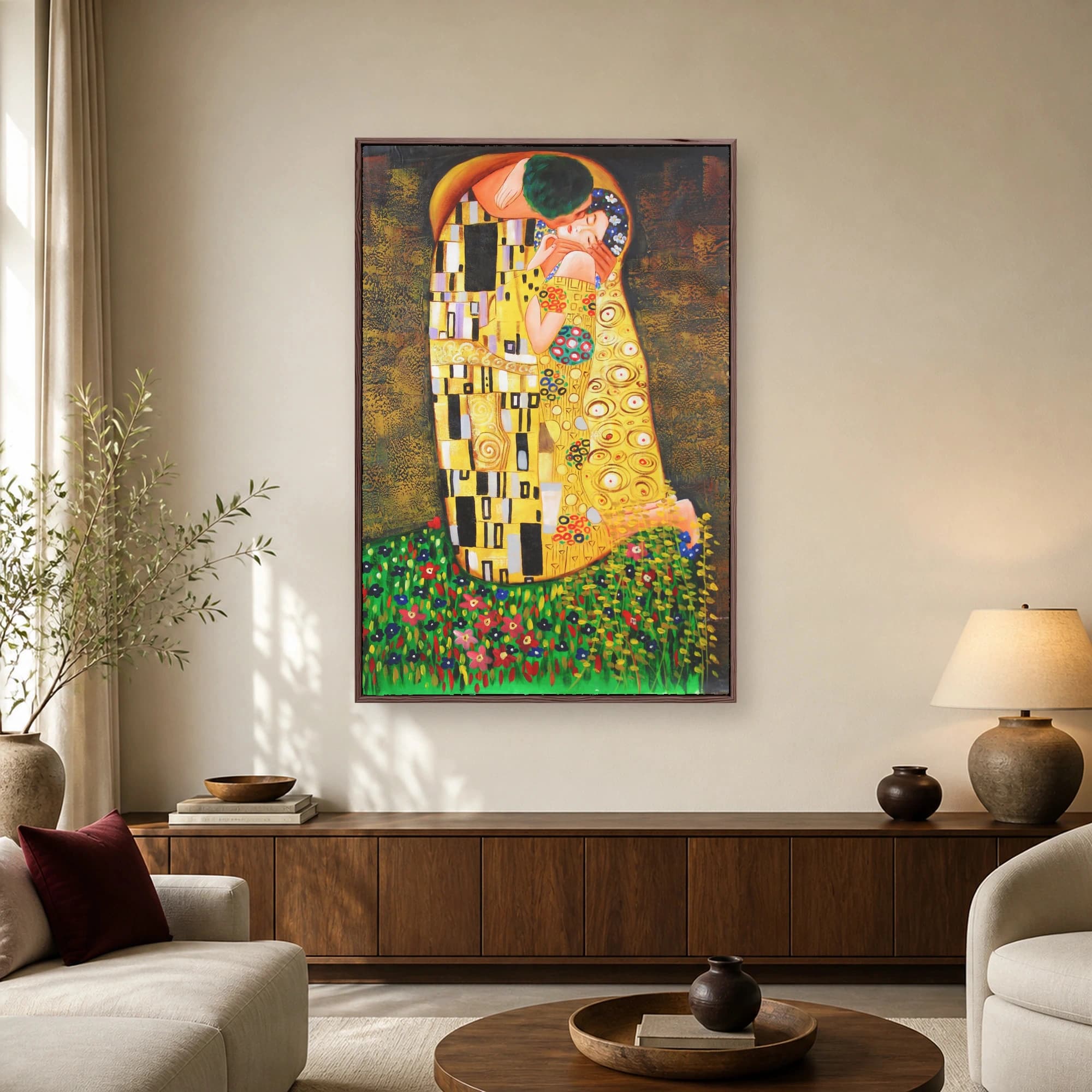 An artistic painting of an embracing couple draped in ornate golden robes standing in a vibrant field of flowers.