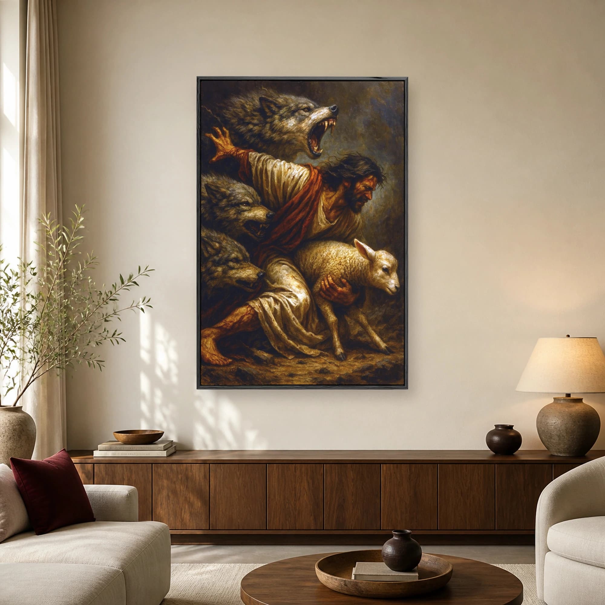 A classical fine art painting of a bearded man in a white robe and red sash fiercely protecting a small white lamb from three snarling wolves.