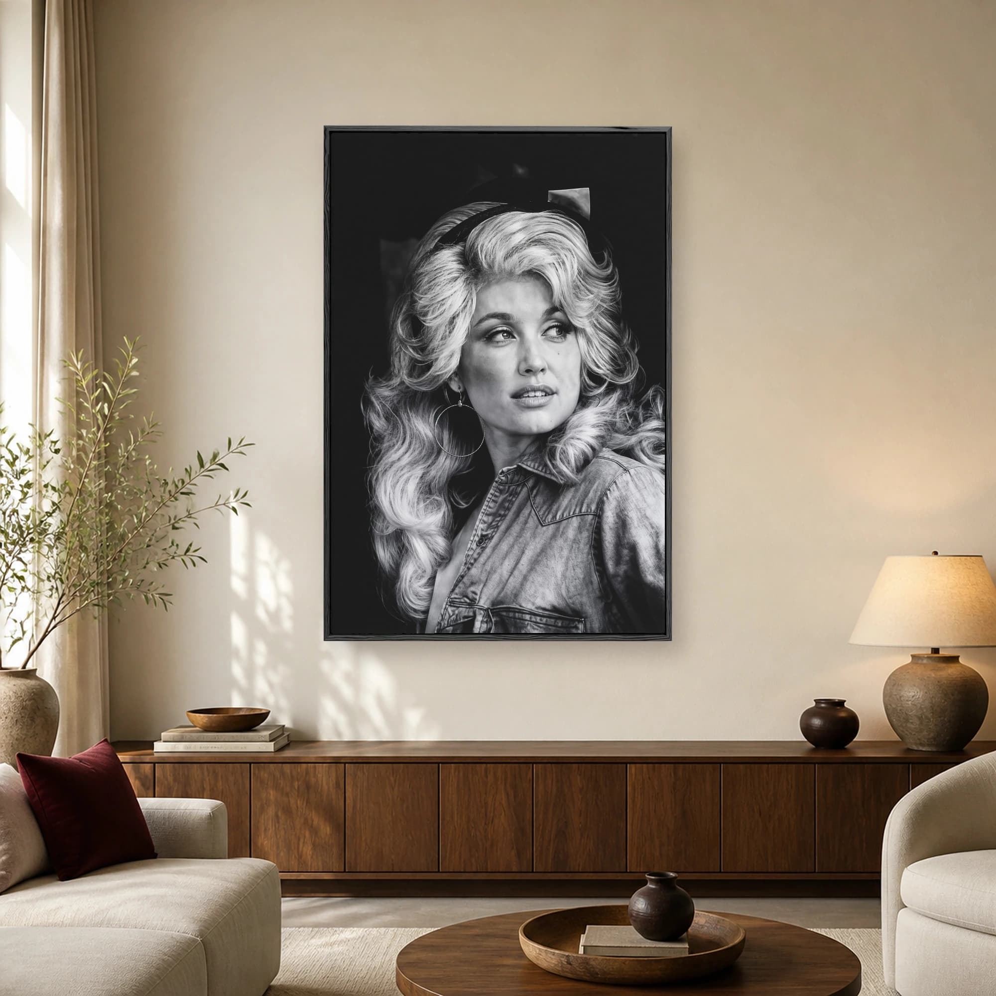 Black and white portrait of a legendary blonde country music icon featuring voluminous hair, hoop earrings, and a denim shirt looking to the side.