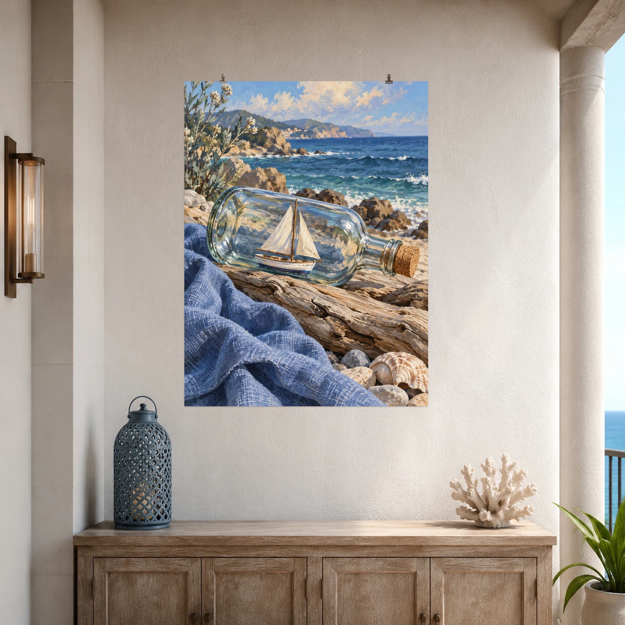 This gouache-style composition features a miniature white sailboat inside a clear glass bottle lying on driftwood beside a blue linen cloth and sea beyond. Expressive brushwork and a balanced palette bring warmth and character to your space.