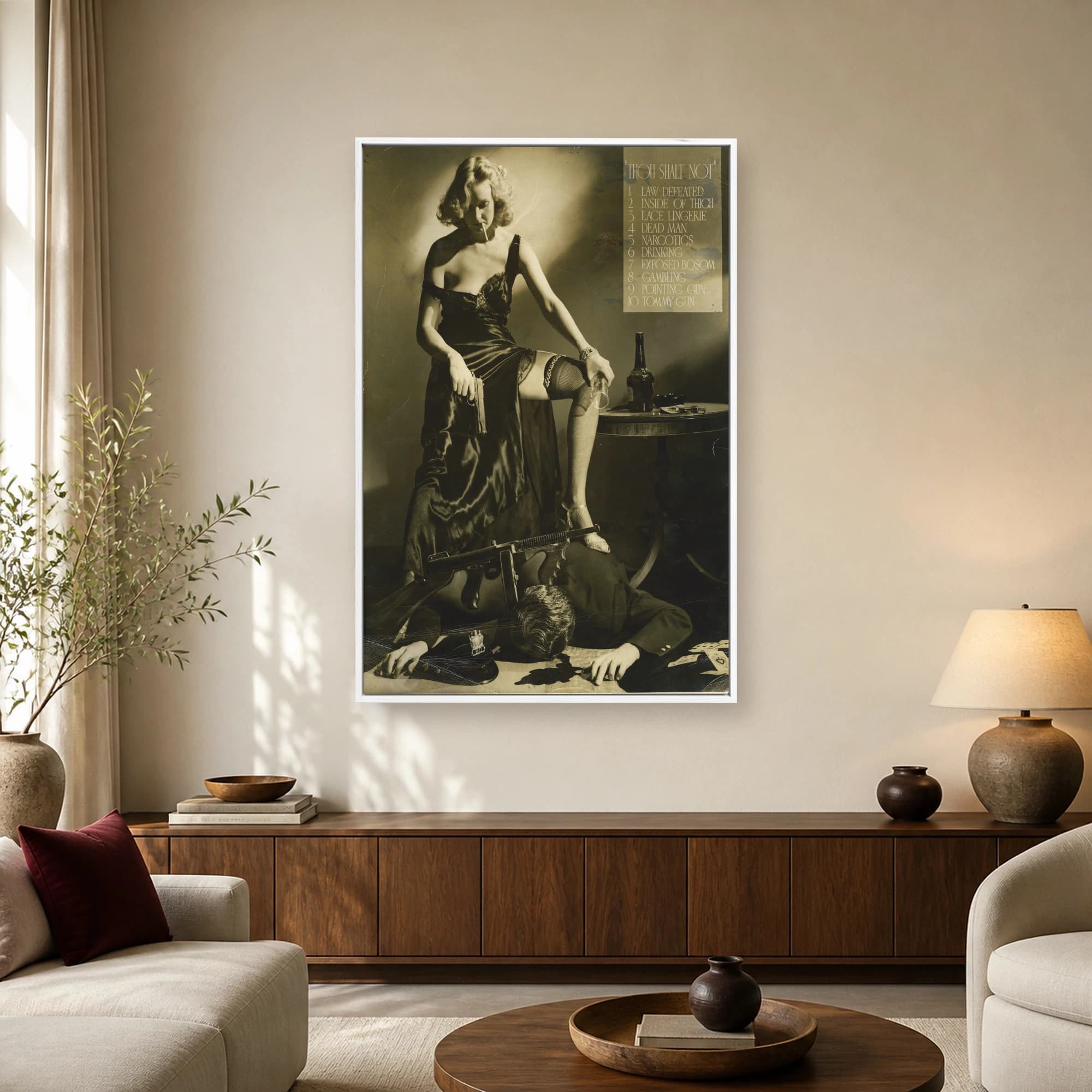 Vintage sepia-toned film noir photograph of a 1930s woman smoking a cigarette and holding a gun over a fallen man, with vintage text listing prohibitions.