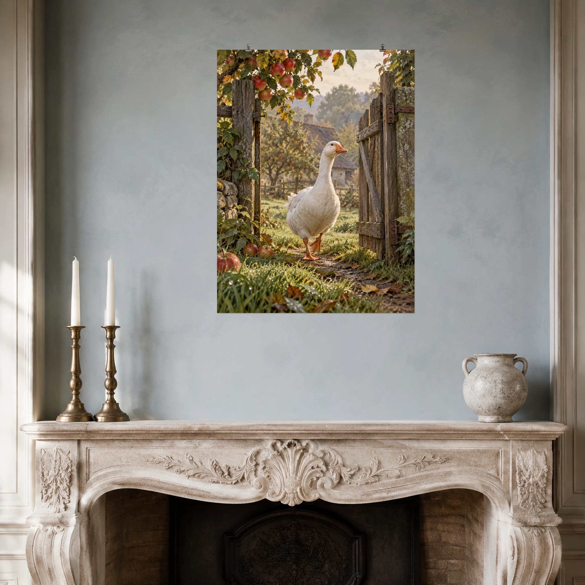 A white goose steps through a weathered orchard gate beneath ripe apples and soft morning light.