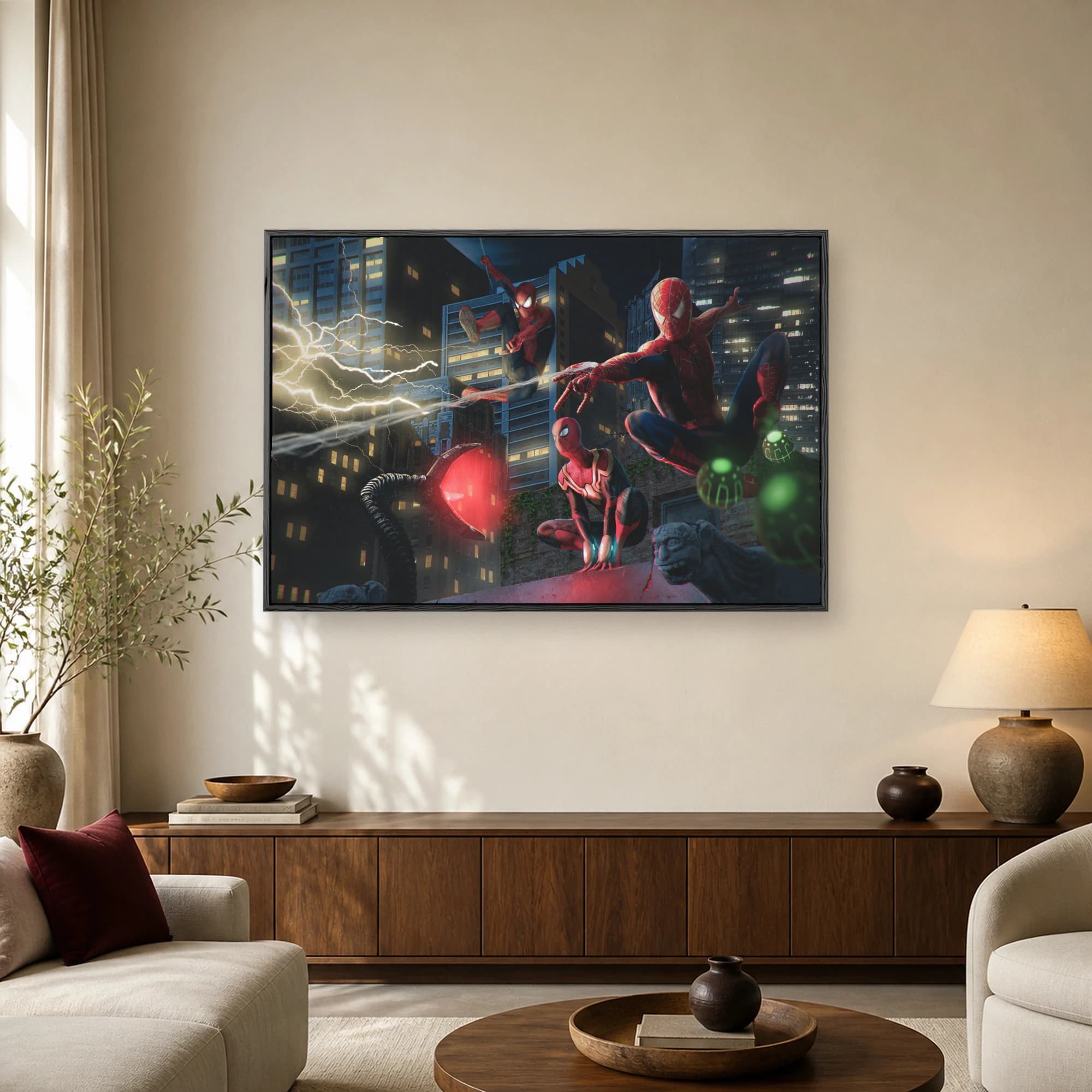 Dynamic movie wall art showing three Spider-Man variants fighting villains on a lit city rooftop with lightning and robotic tentacles.
