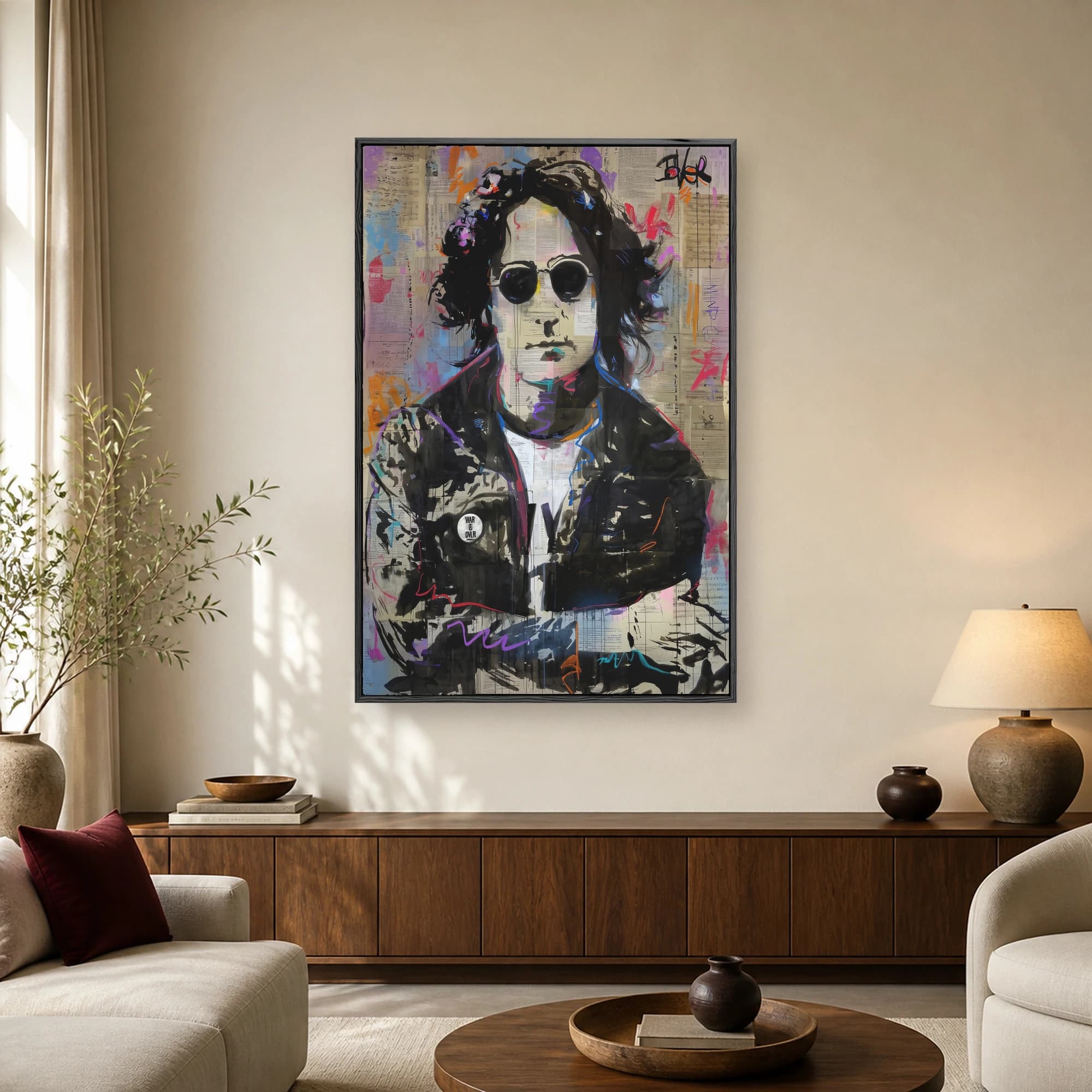 Stylized mixed media portrait of Bob Dylan in sunglasses and dark jacket against a background of vintage sheet music and colorful paint splashes.