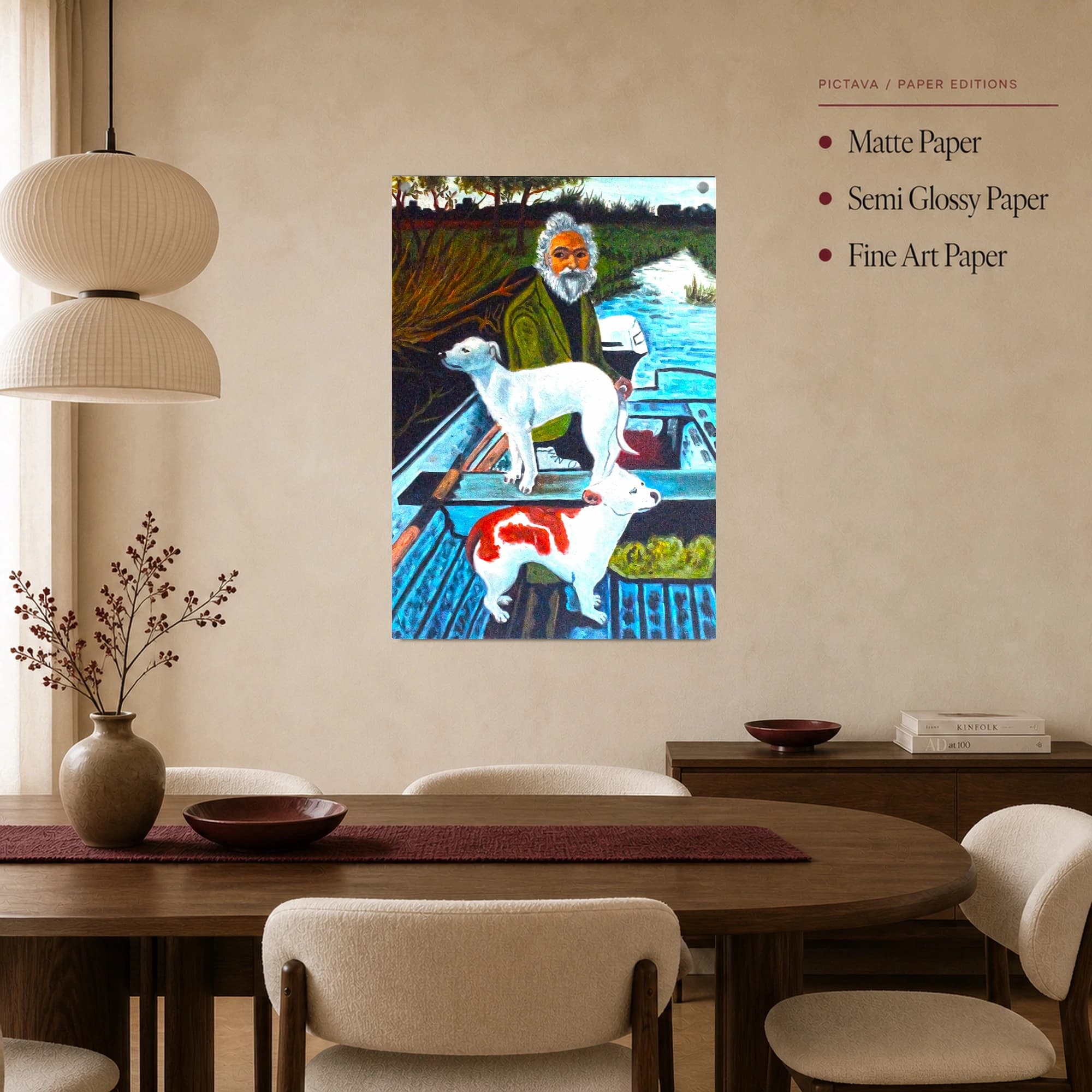 Man and Dogs on a Blue Boat Folk Art Canvas Print, view 3