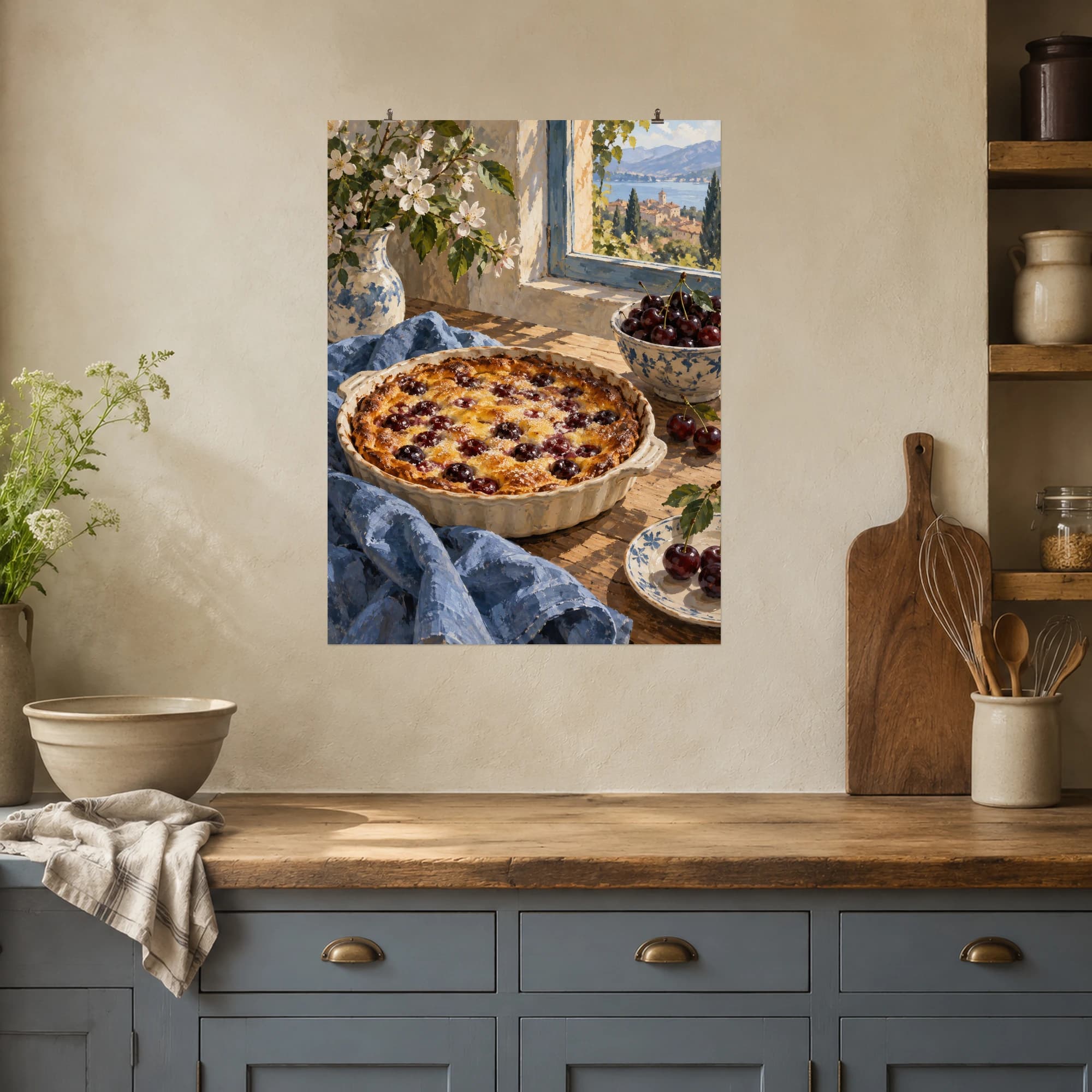 This gouache-style composition features a golden cherry clafoutis in a shallow cream baking dish beside a bowl of dark cherries, open window light and faded blue linen. Expressive brushwork and a balanced palette bring warmth and character to your space.