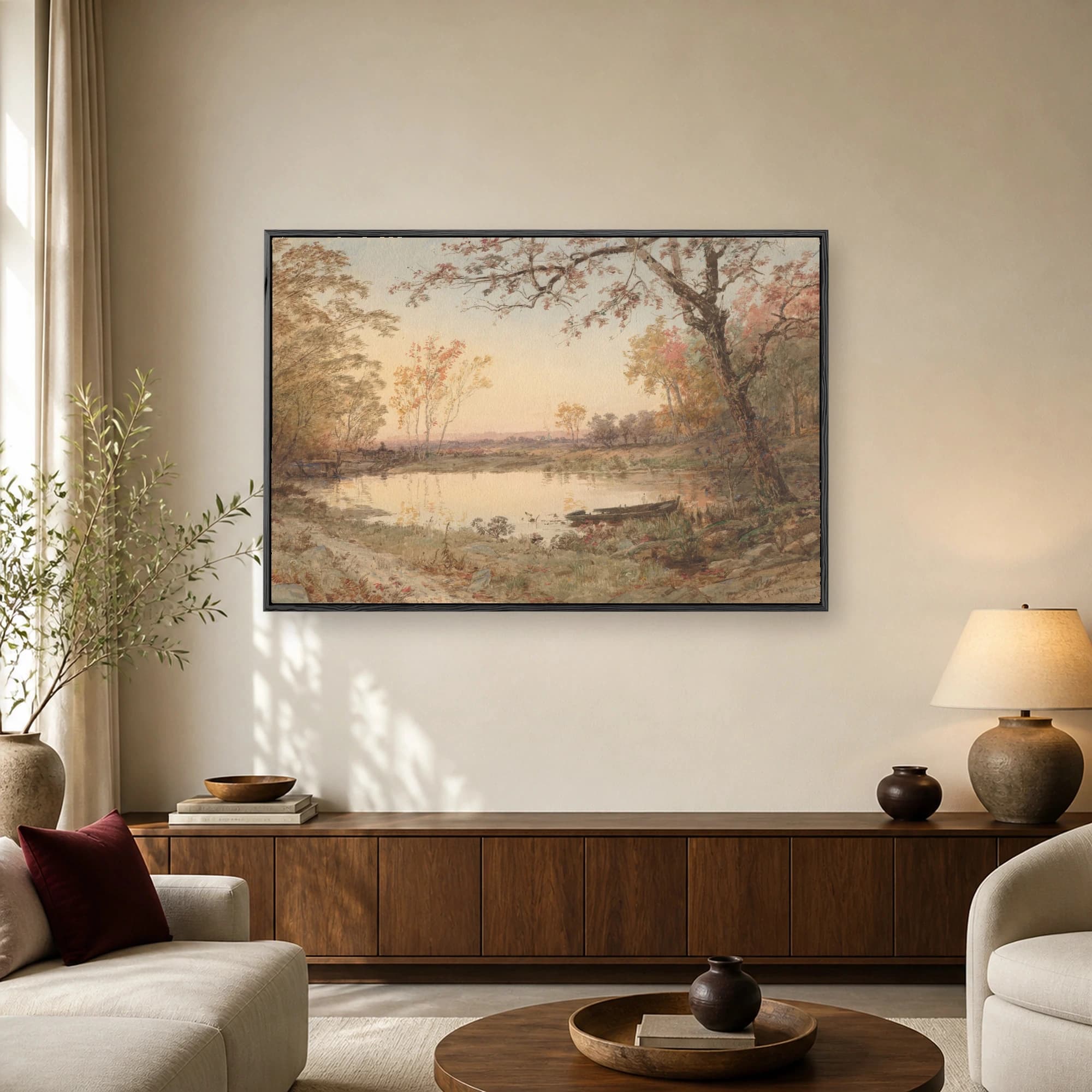 Vintage watercolor painting of a calm pond surrounded by autumn trees, distant hills, and a small boat moored on the grassy shore.