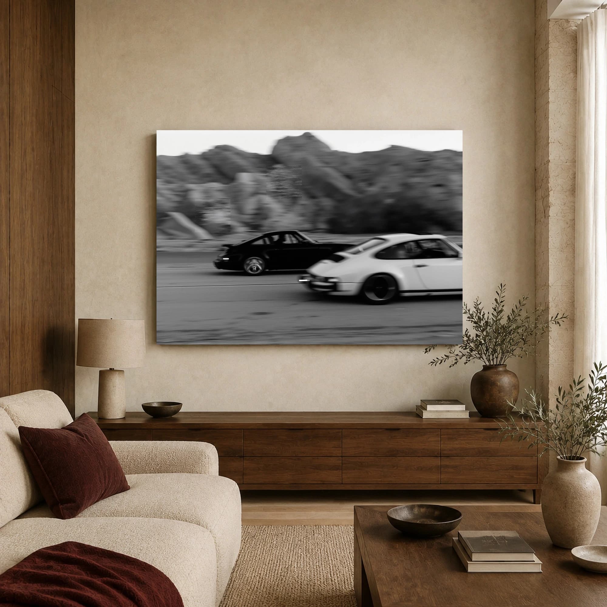 High Speed Duel Classic Sports Cars Monochrome Wall Art, view 3