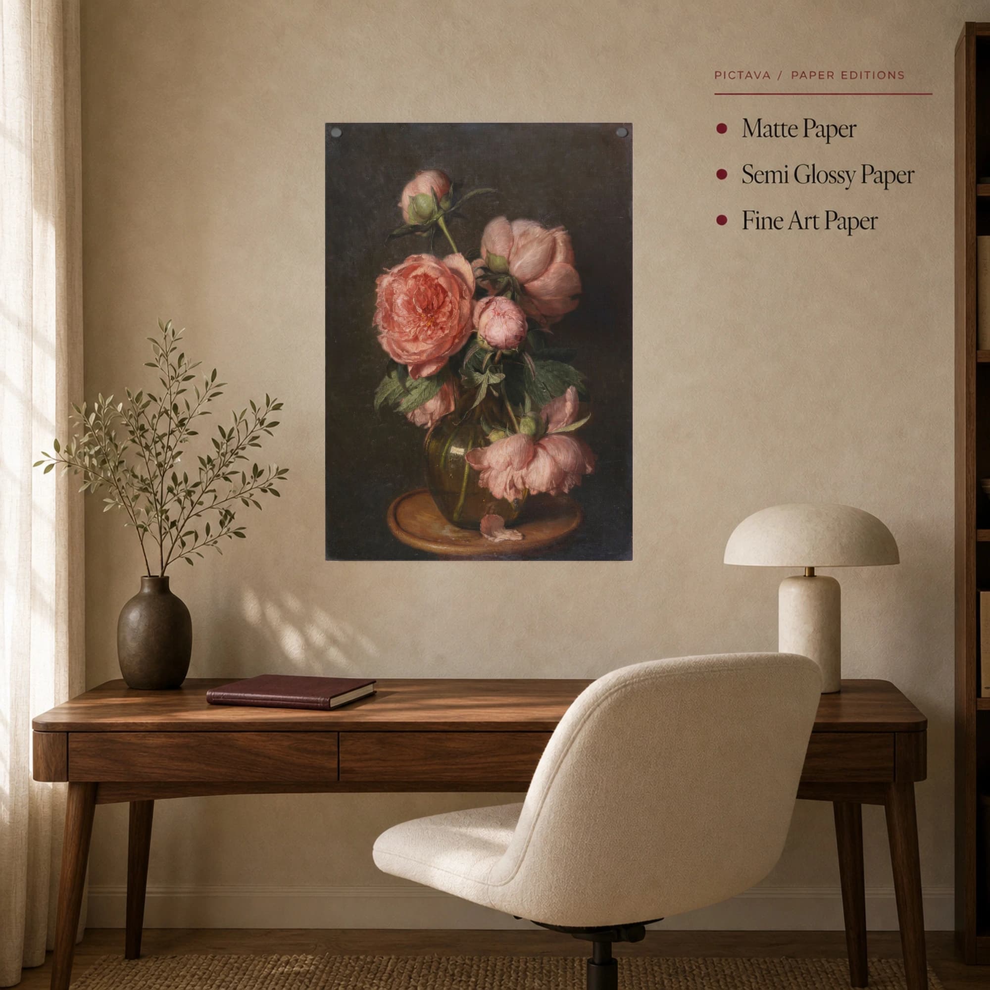 Vintage Pink Peonies Floral Still Life Canvas Print, view 8