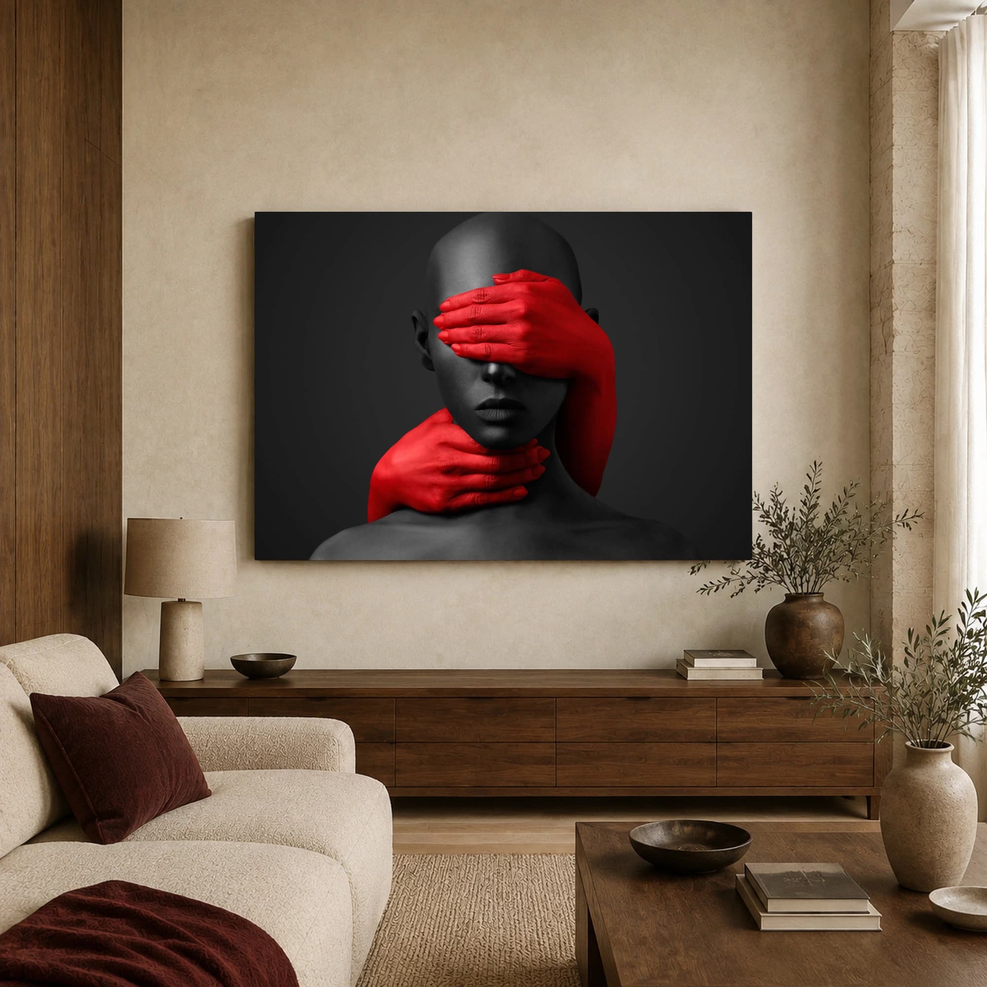 Crimson Silence Striking Surrealist Portrait Canvas Print, view 3