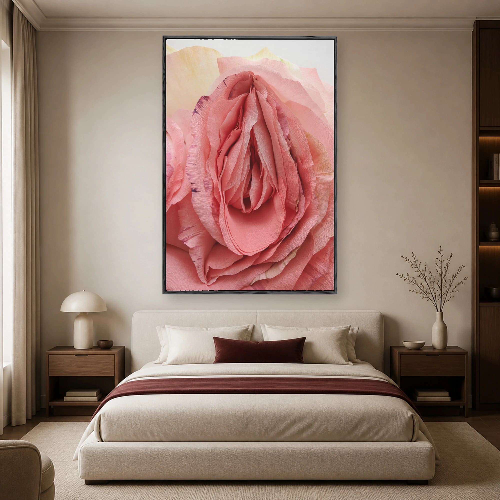 Close up macro photograph of layered pink crepe paper petals forming a delicate botanical bloom with soft shadows and warm tones.